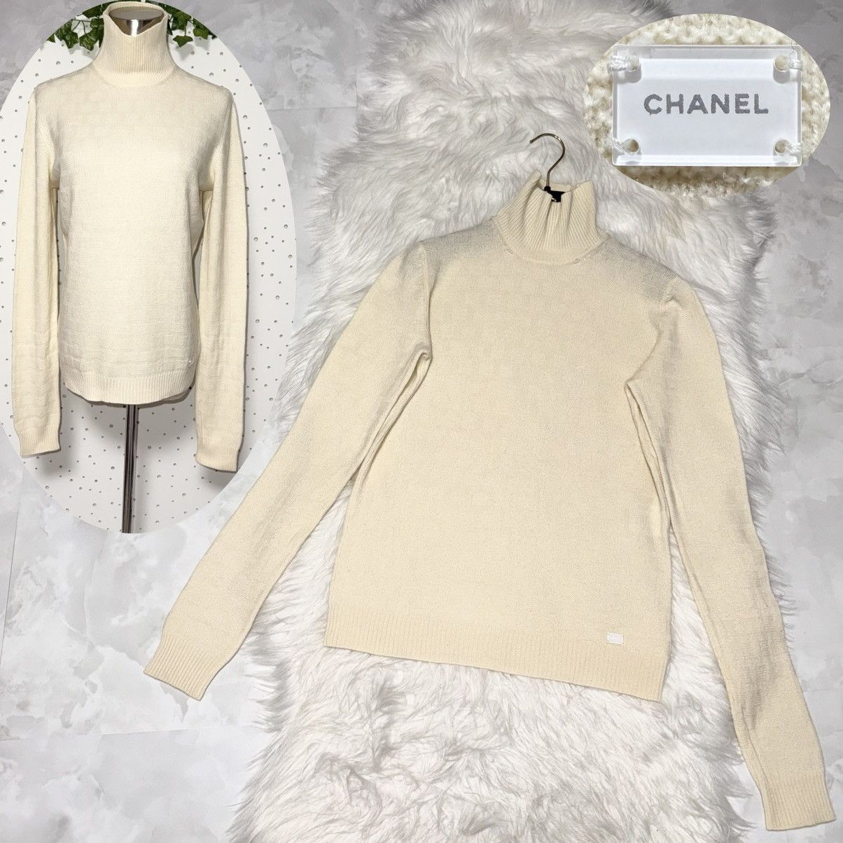 Genuine Chanel High Neck Long Sleeve Knit Sweater 42 Ivory