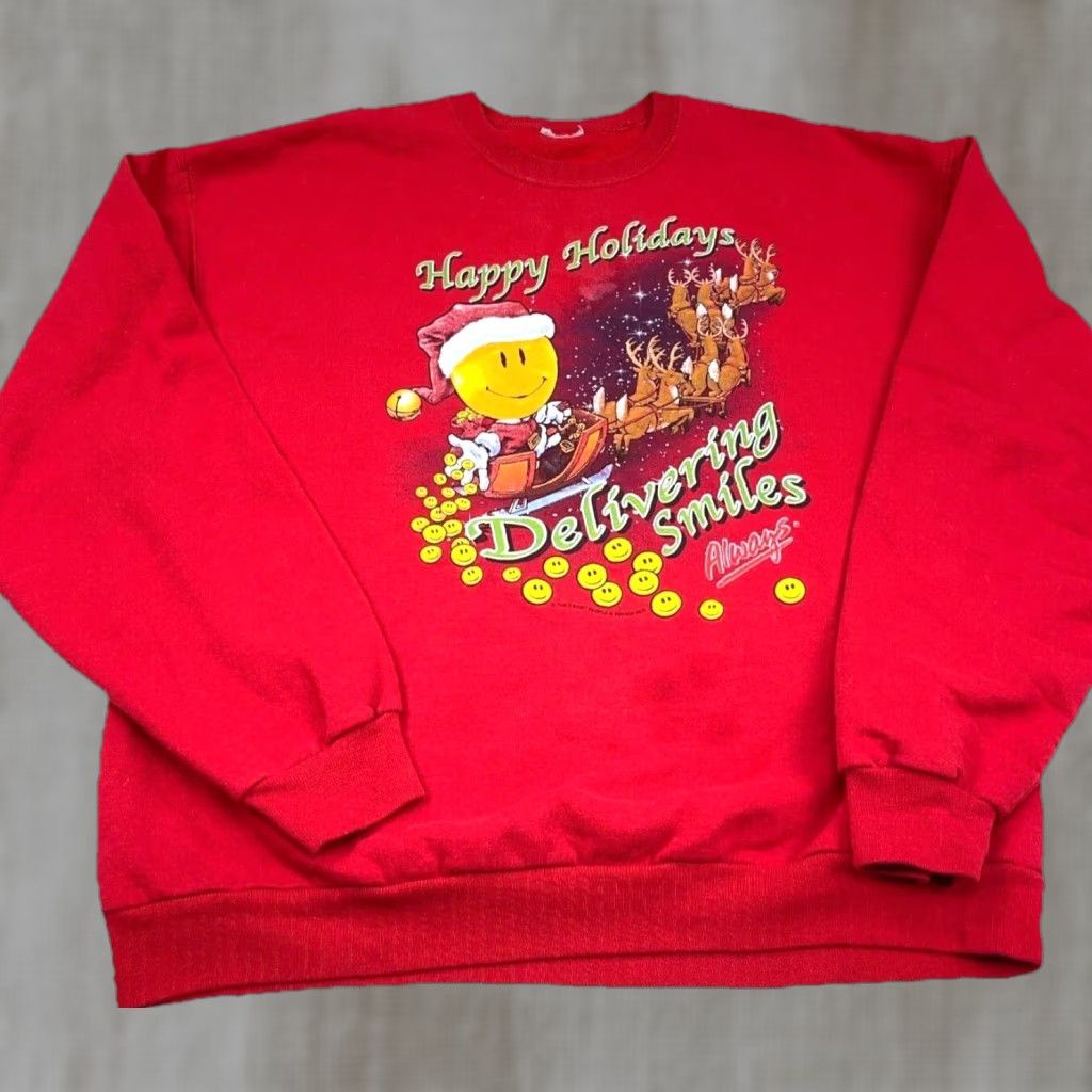 Vintage VINTAGE Christmas Sweater Women L Red Crew Neck Sweatshirt USA 90s Smiley Shirt Womens Holiday 90s USA Christmas Graphic Print Pullover Knit Size L / US 10 / IT 46 - 1 Thumbnail