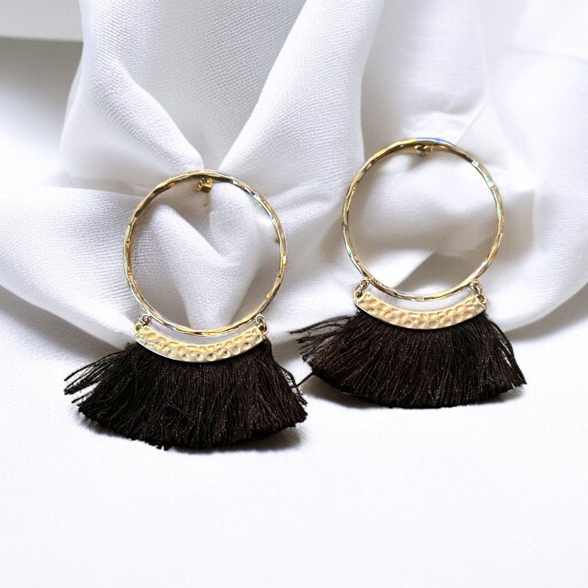 Other Large gold tone black tassel hoop post earrings Size ONE SIZE - 1 Thumbnail