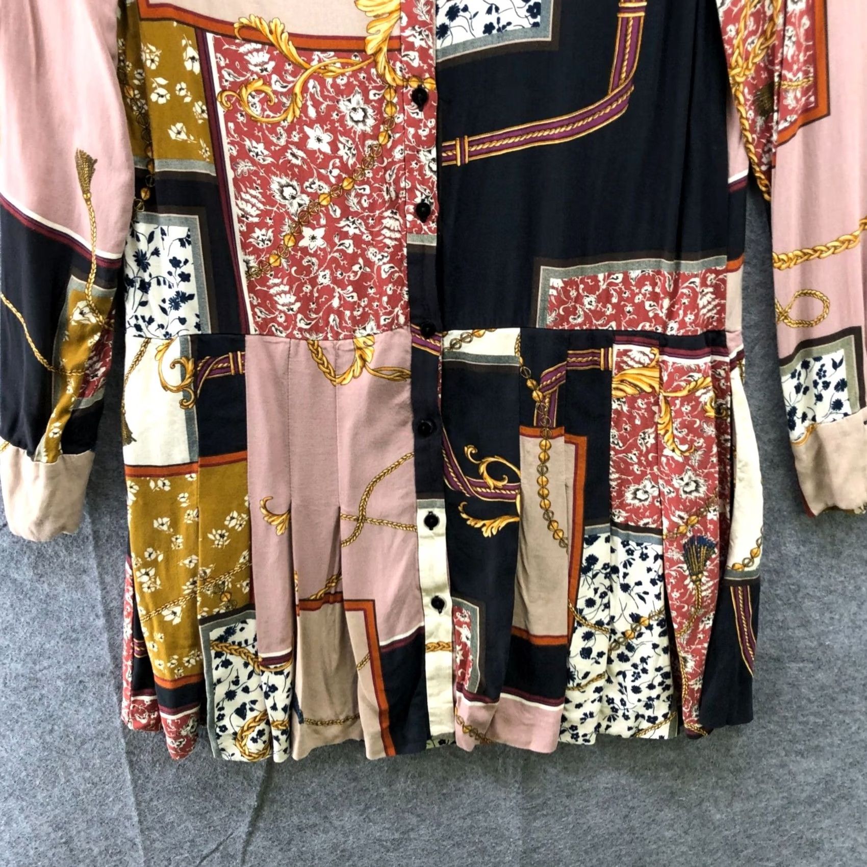 Zara Zara Shirt Dress Womens S Patchwork Chain Print Pleated Rayon Long Sleeve Mini A-Line Bohemian Hippie Beige Velvety? Size S / US 4 / IT 40 - 4 Thumbnail