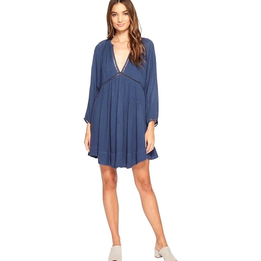 Free People Free People Mini Dress Swing Blue Boho Deep V-Neck Go Lightly Women’s XS Dress Size XS / US 0-2 / IT 36-38 - 3 Thumbnail