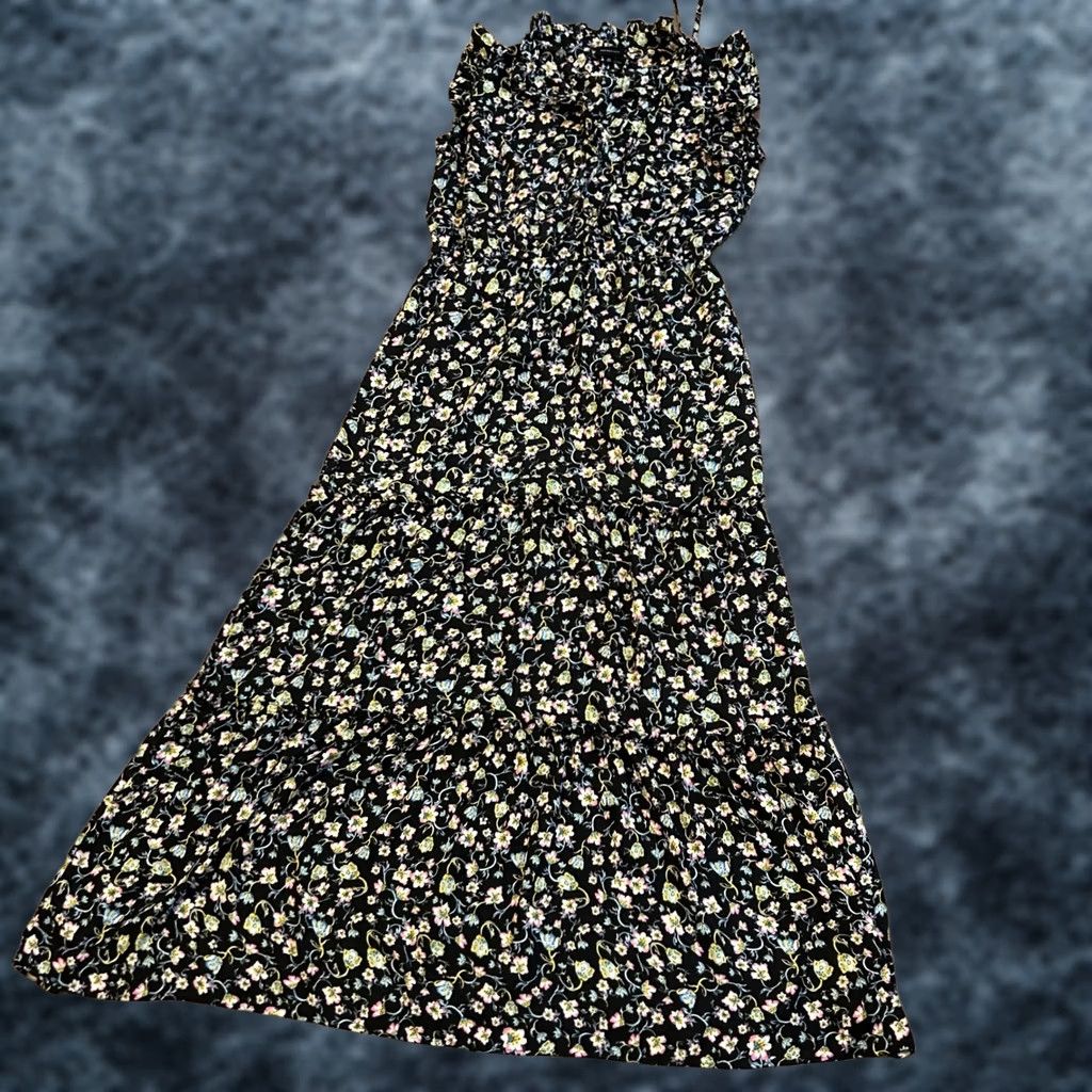 Vintage Who What Wear Floral Maxi Dress Sleeveless Black Women Medium Ruffle Trim Button Down Casual Summer Boho Dress Size M / US 6-8 / IT 42-44 - 1 Thumbnail