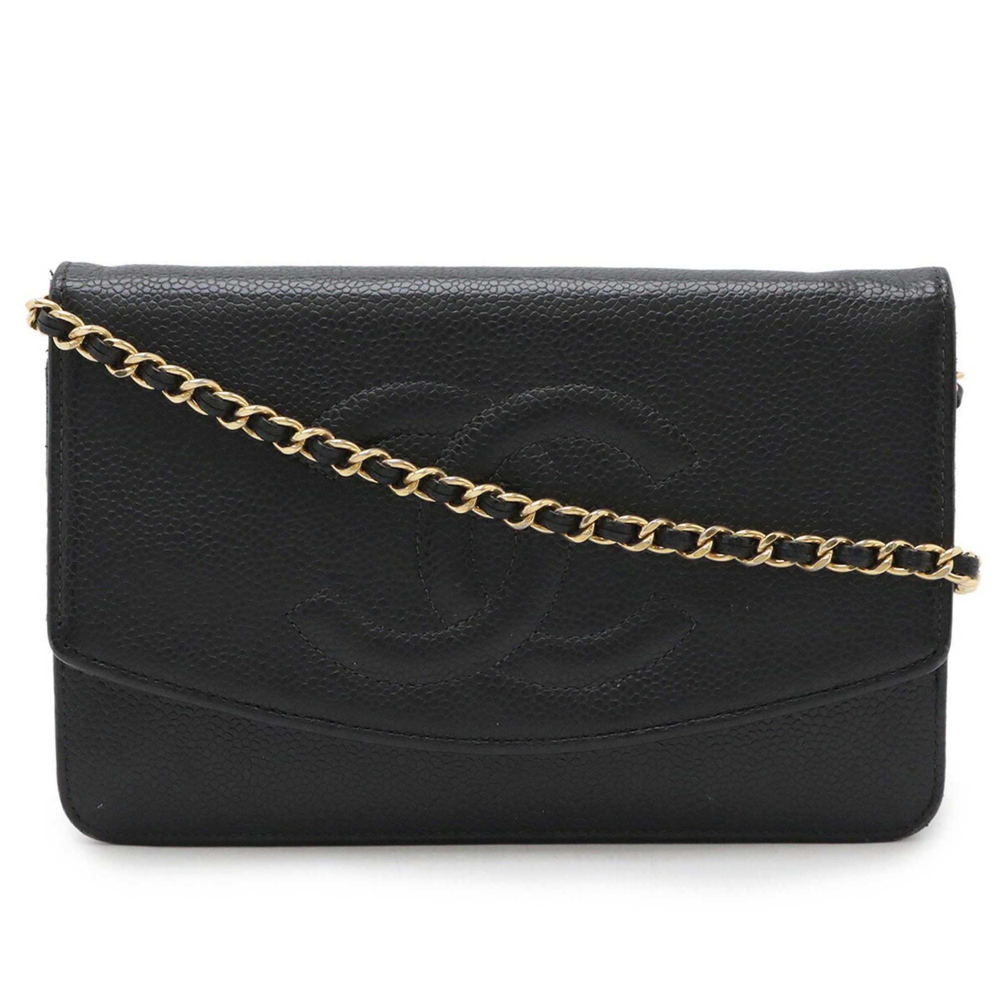 Chanel Coco Mark Chain Wallet Shoulder Bag Pochette Caviar Skin Leather Black A13509, Women's