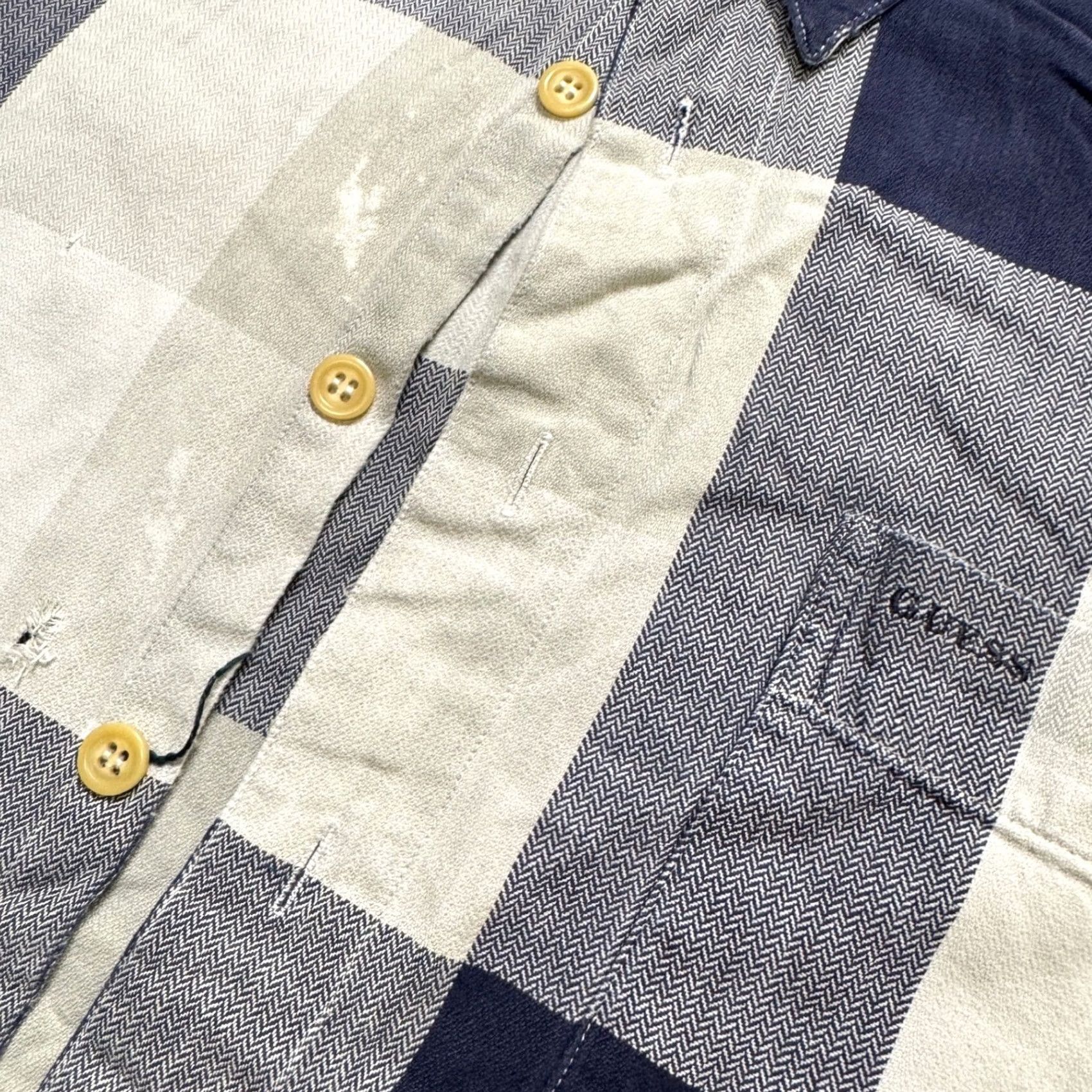 Guess VINTAGE GUESS Shirt Dress Men XL Plaid Short Sleeve Cotton Blue Stained Button Up Size 46R - 7 Thumbnail