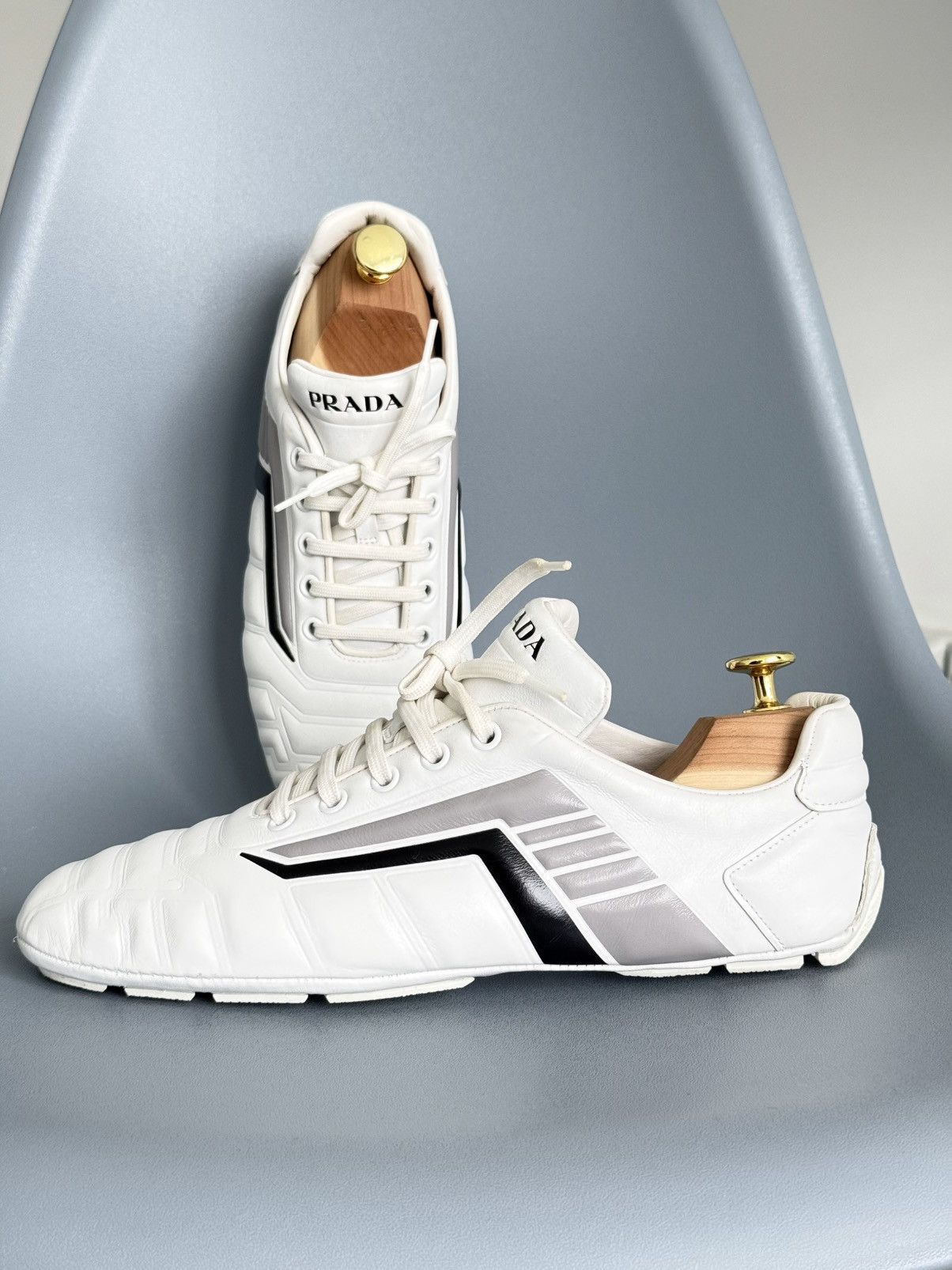 Prada Prada Rev Sneakers White Padded Leather Gray Stripe Low Top Size US 9 / IT 39 - 4 Thumbnail
