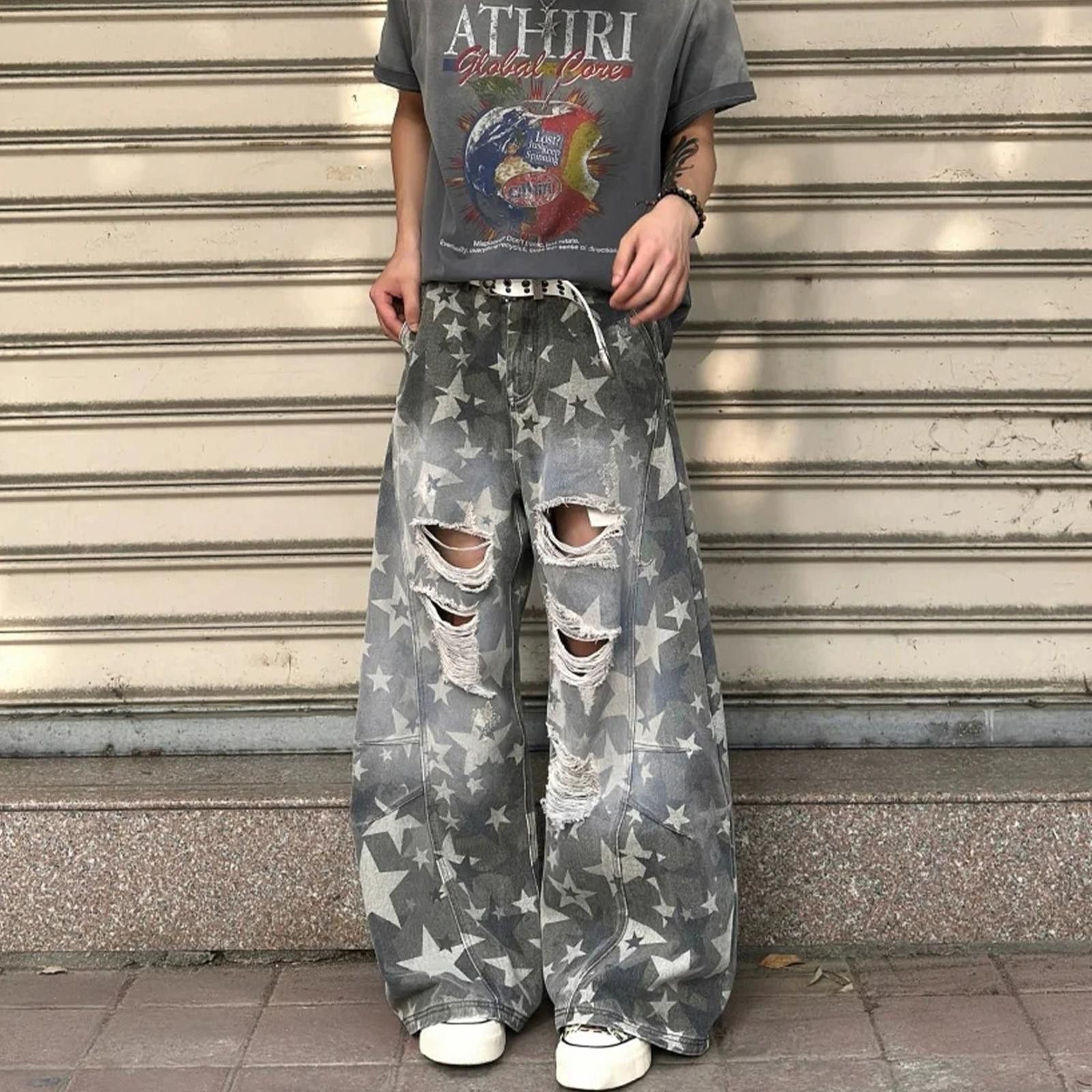 Other Gray Distressed Star Print Wide Leg Jeans, Baggy Fit Size US 30 / EU 46 - 6 Thumbnail