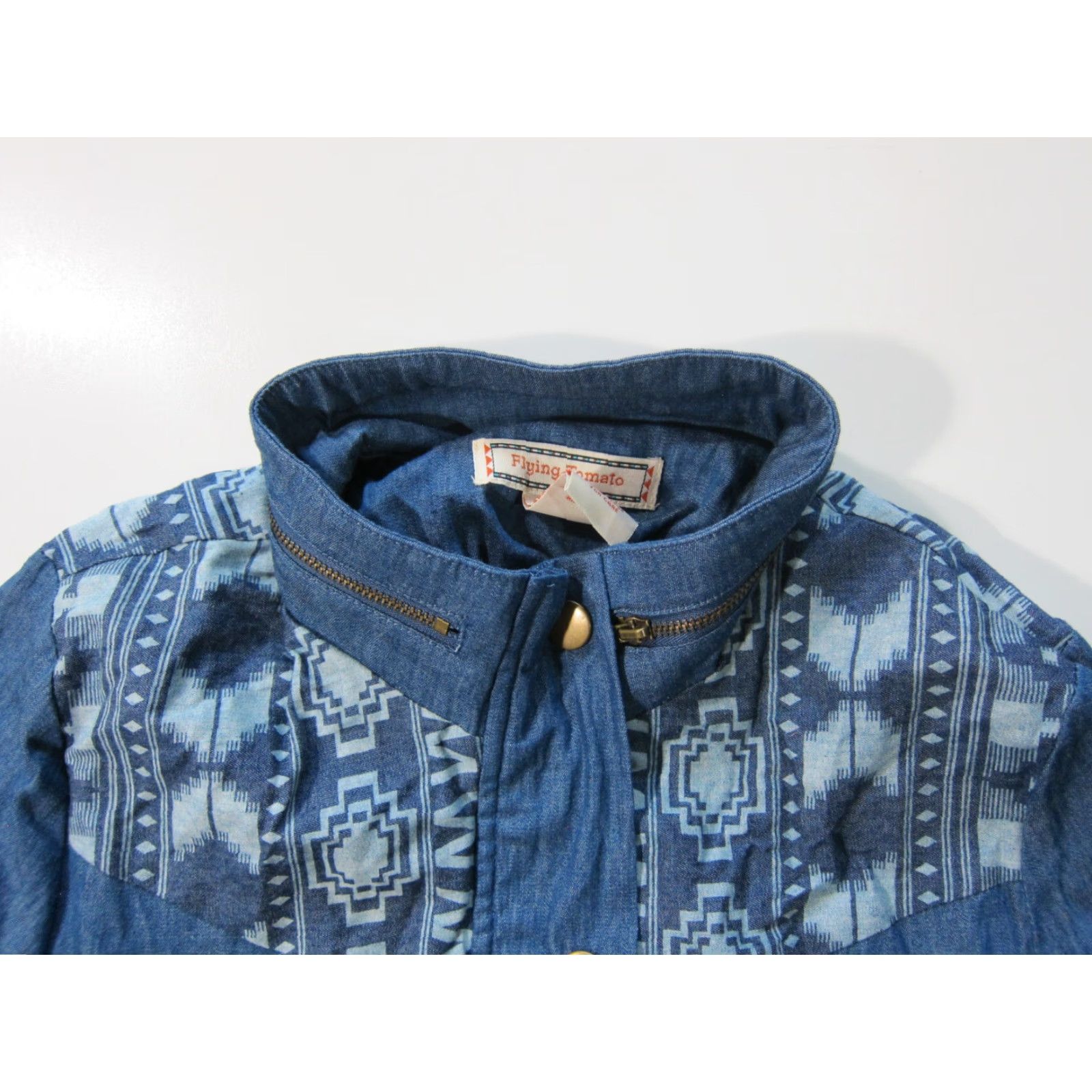 Vintage Flying Tomato 100% Cotton Tribal Blue Denim High Neck Long Zip Jacket Women S Size S / US 4 / IT 40 - 3 Thumbnail