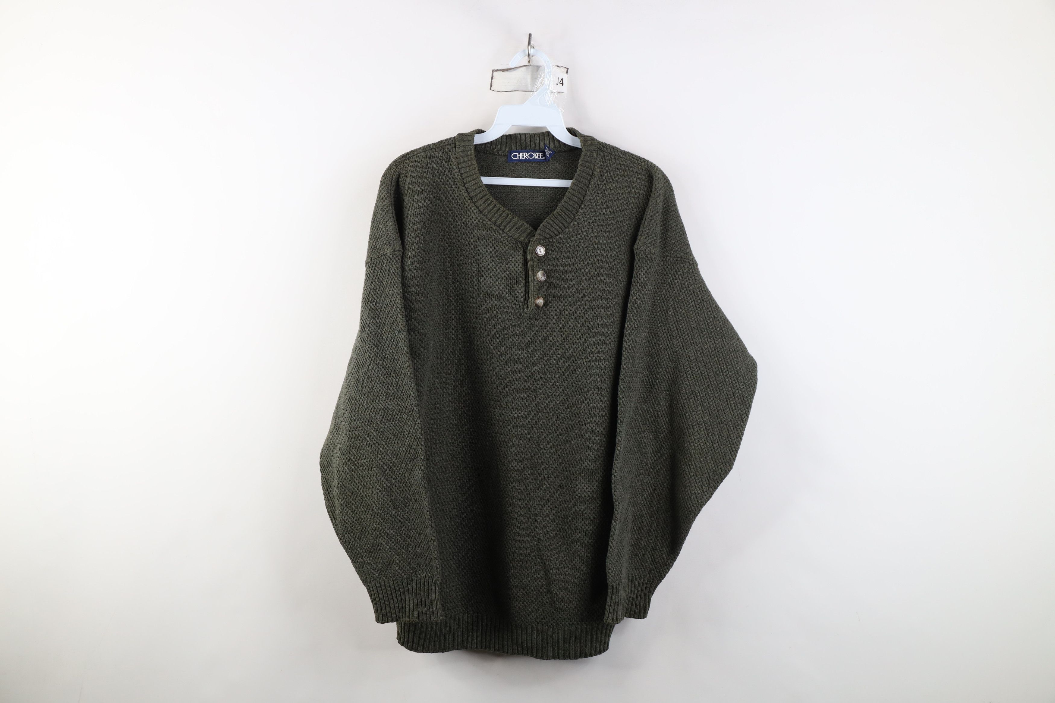 Vintage Vintage 90s Streetwear Weave Knit Henley Sweater Green USA Size US XL / EU 56 / 4 - 1 Thumbnail