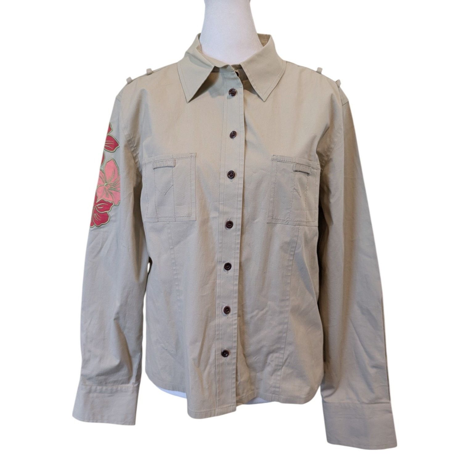 Other Garnet Hill Embroidered Flower Khaki Utility Button Up Size XL / US 12-14 / IT 48-50 - 2 Thumbnail