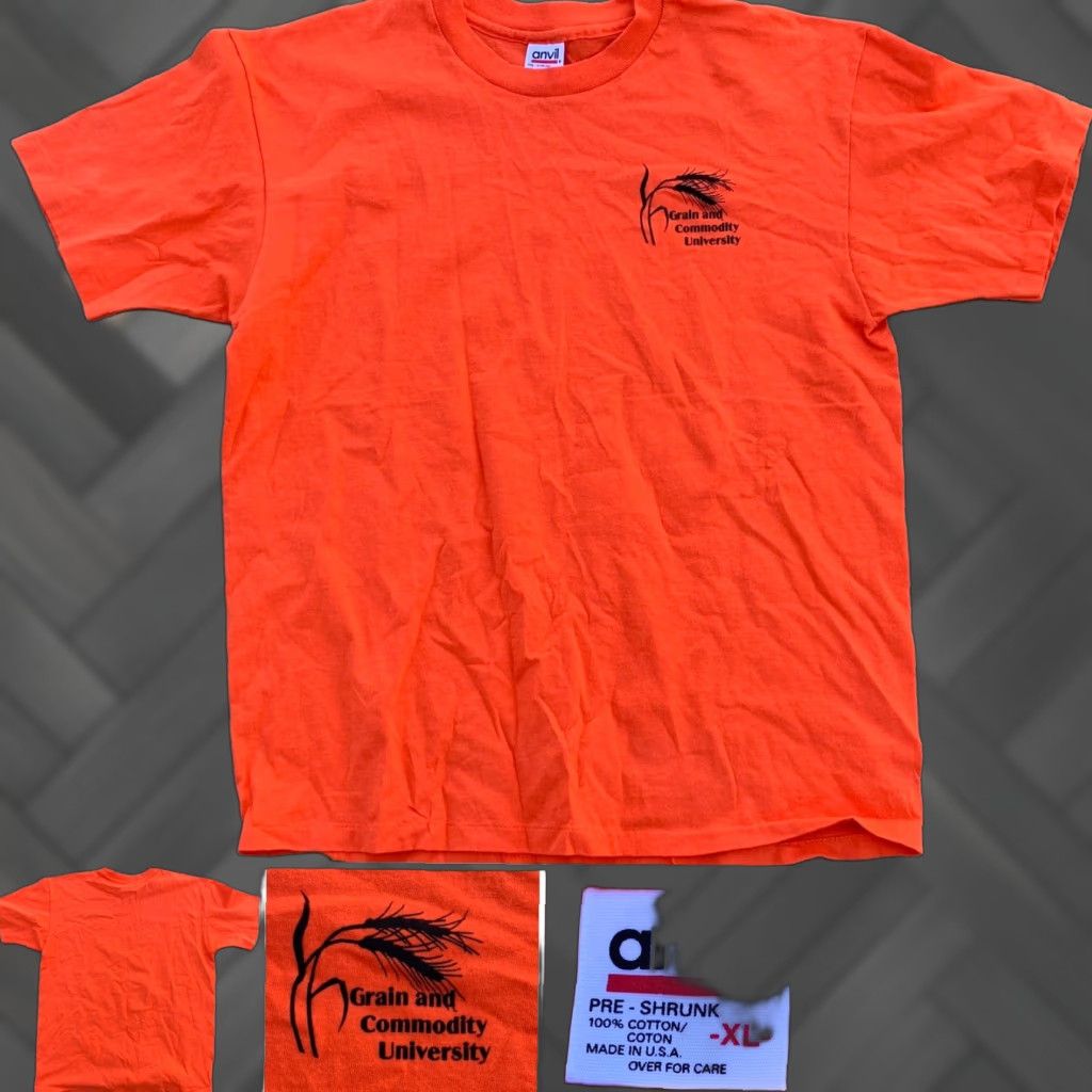 Anvil VINTAGE Grain and Commodity University T-Shirt Short Sleeve Crew Neck XL Orange Anvil Cotton Jersey Graphic Print Mens Size US XL / EU 56 / 4 - 1 Thumbnail