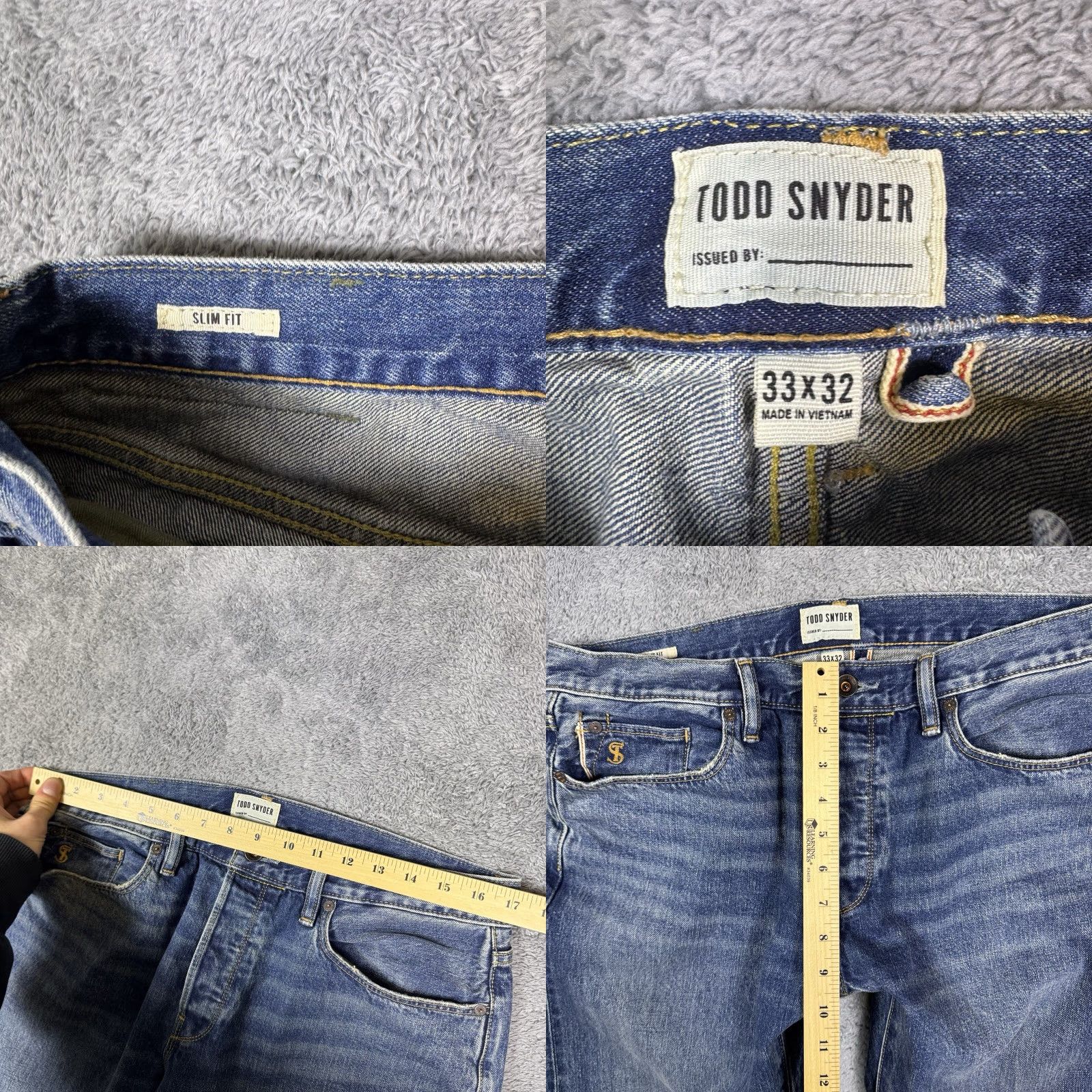 Todd Snyder Todd Snyder Jeans Men’s 33x32 Button Fly Selvedge Denim Blue 12.5oz Distressed Slim Straight 5-Pocket Regular Rise Mens Regular Fit Vintage Style Size US 33 - 8 Thumbnail