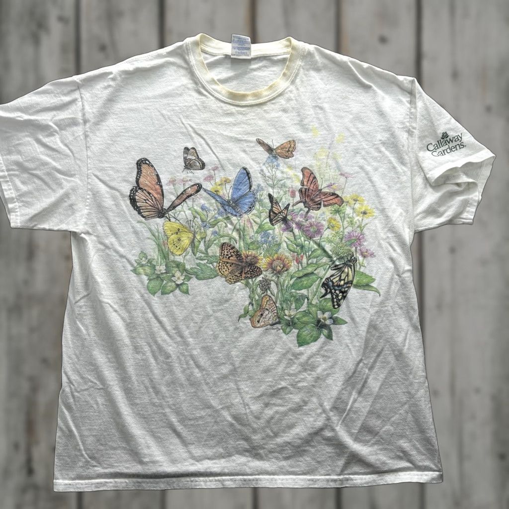 Gildan VINTAGE Callaway Gardens Butterfly Shirt Mens XL White Graphic Double Sided Nature Tee Size US XL / EU 56 / 4 - 1 Thumbnail