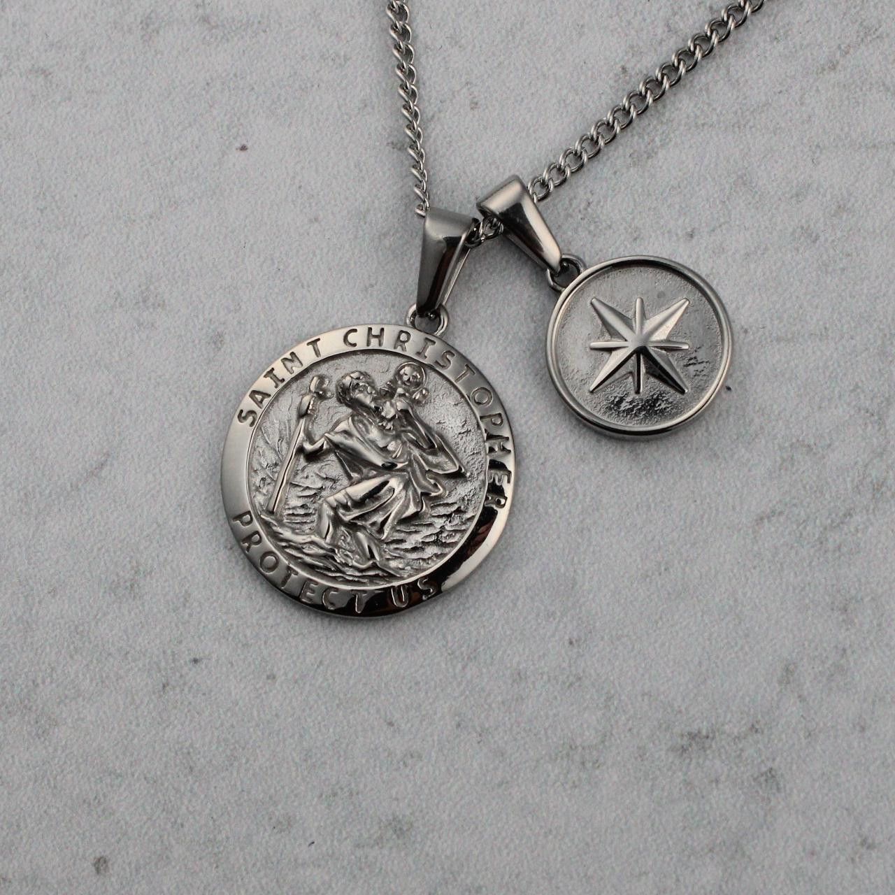 Jewelry Silver Saint Christopher & North Star Pendant Necklace Set Size ONE SIZE - 1 Thumbnail