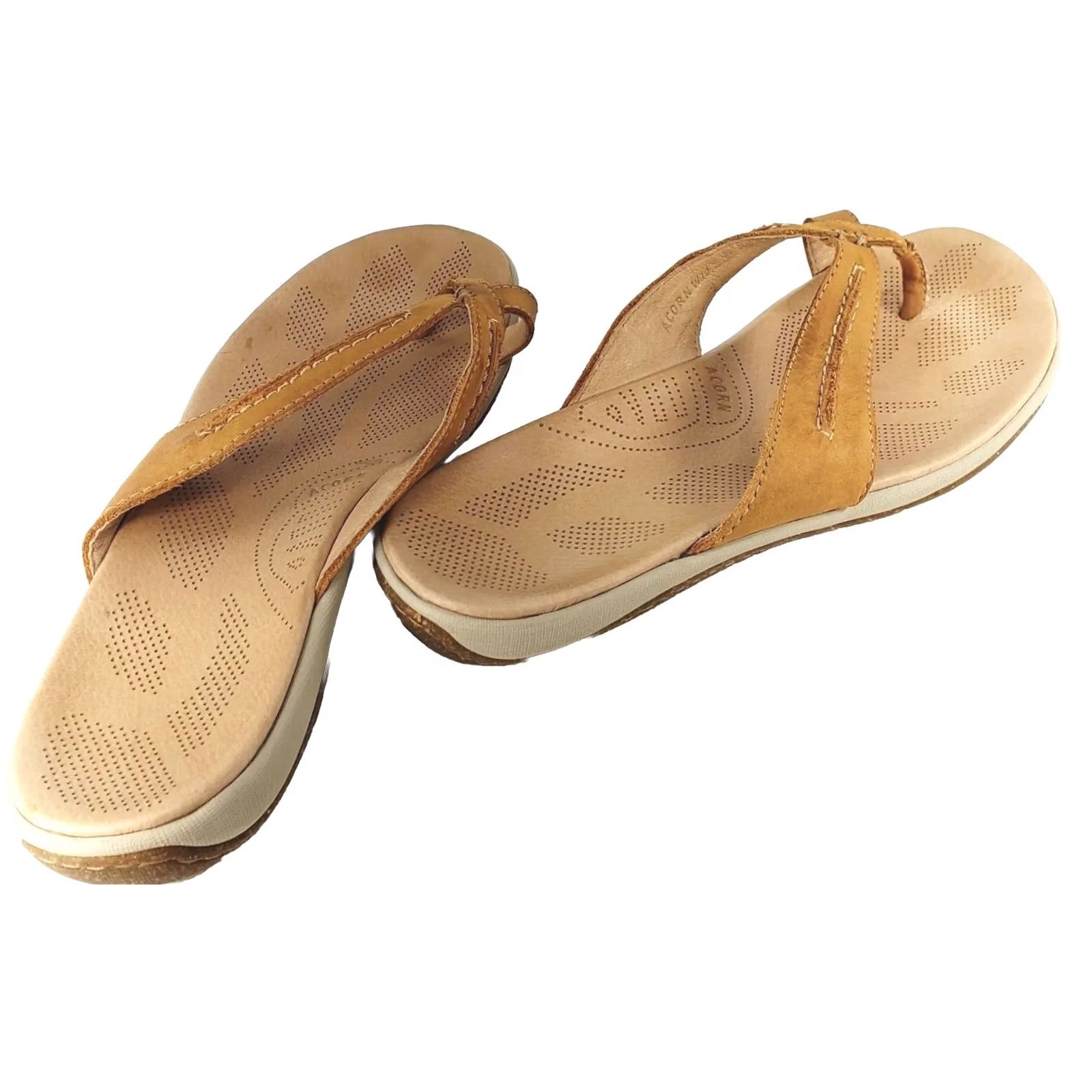 Vintage Acorn Thong Sandals Women's 10 Tan Leather Slip On Flat Heel Leather Footbed Great Support Size US 10 / IT 40 - 4 Thumbnail