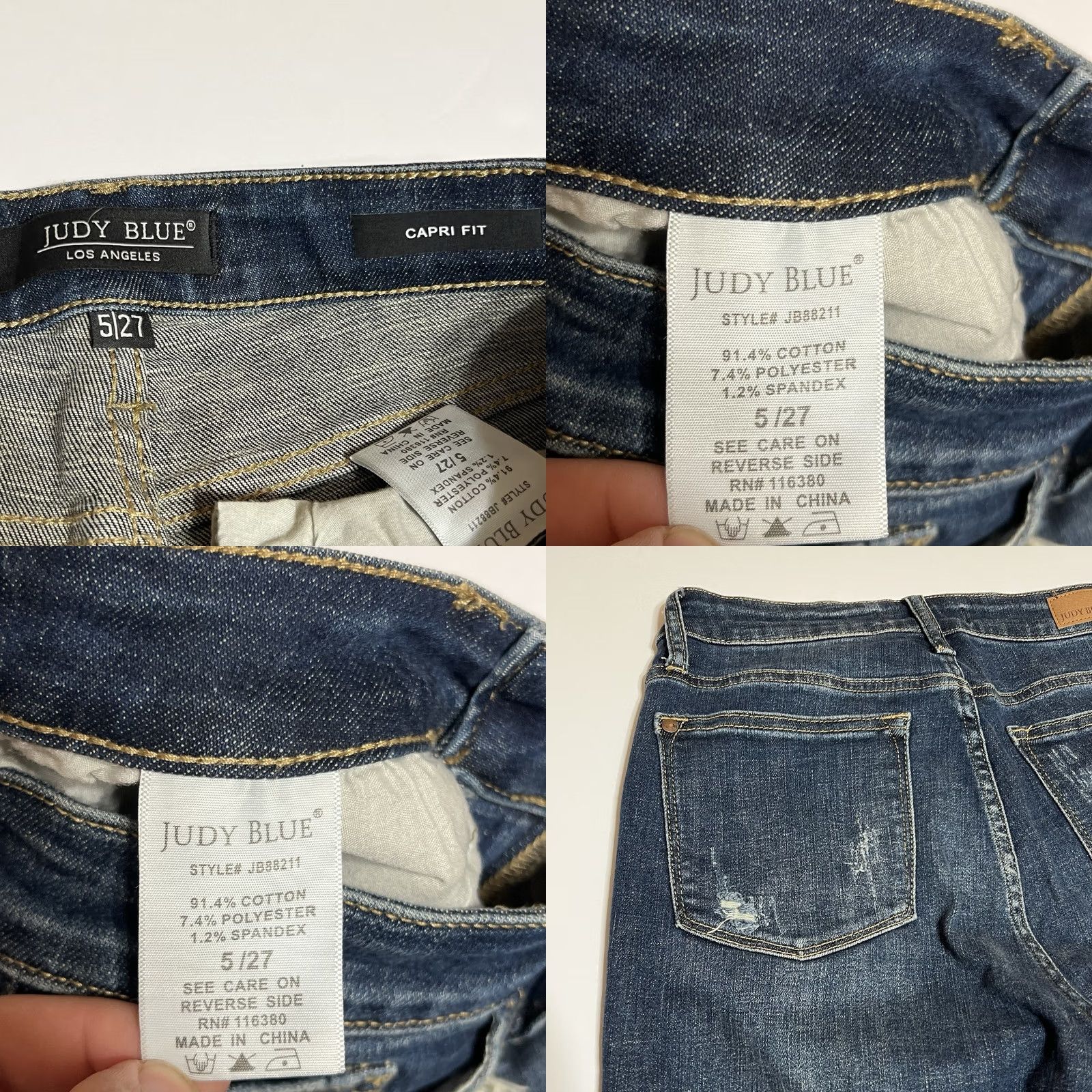 Denime Judy Blue Jeans Womens Capri Regular Stretch Distressed Blue 27x21 5-Pocket Denim High Rise Capris Size 27" / US 4 / IT 40 - 8 Thumbnail