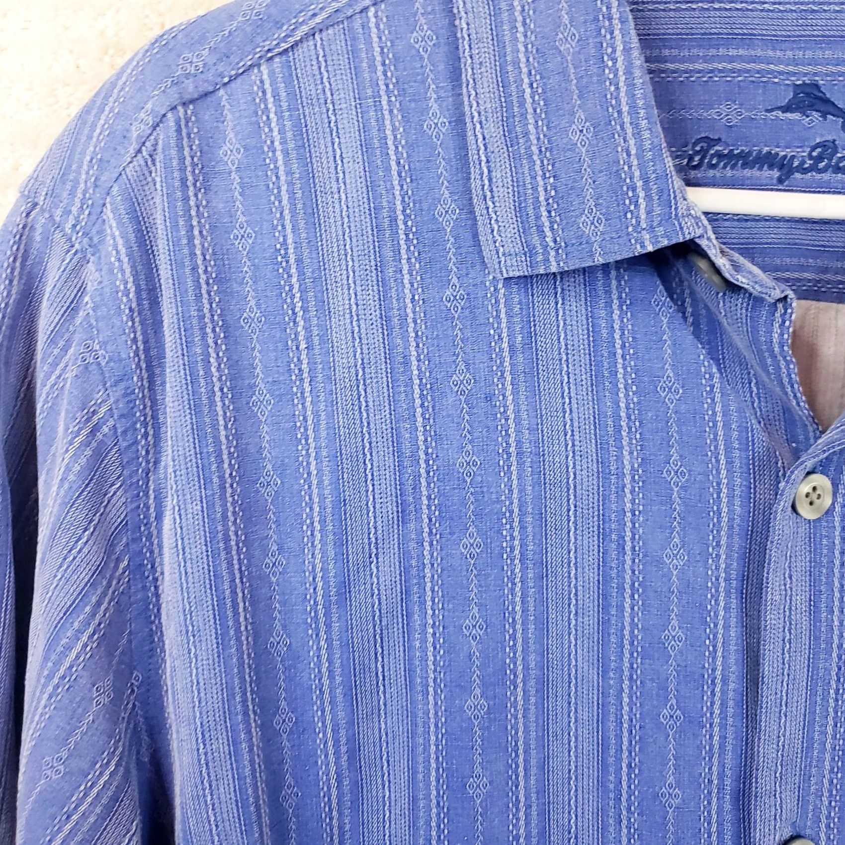 Tommy Bahama Tommy Bahama XL Blue Silk Denim Look Button-Up Shirt Striped Short Sleeve Embroidered Pocket Vintage Not Required Mens Casual Beach Coastal 90s Theme Size US XL / EU 56 / 4 - 6 Thumbnail