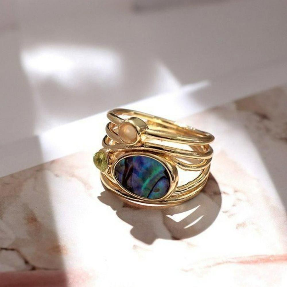 Designer Retro Moonstone Mosaic Gold Bohemian Ring - Size 6 Size ONE SIZE - 10 Thumbnail