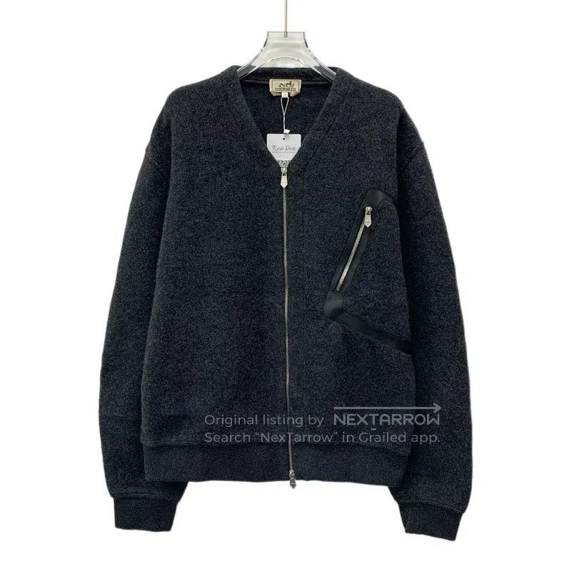 Hermes Hermes Black Leather Trim Sheep Wool V-Neck Zip-Up Long Sl Size US XL / EU 56 / 4 - 1 Thumbnail