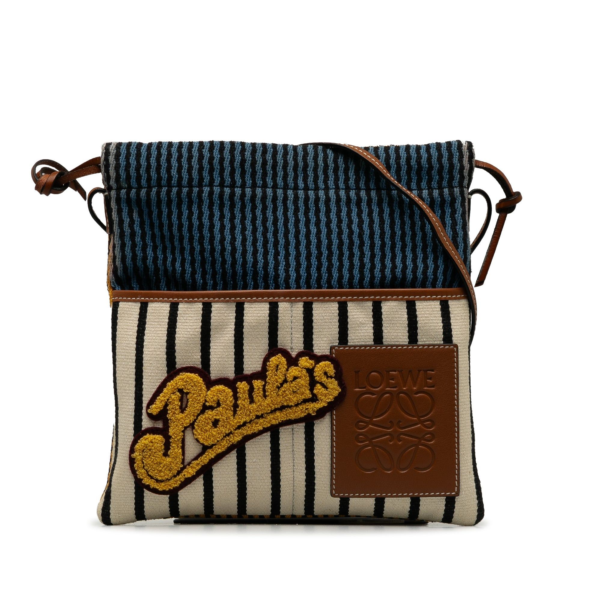 image of Loewe Paulas Ibiza Striped Canvas Drawstring Crossbody Crossbody Bag in White, Women's