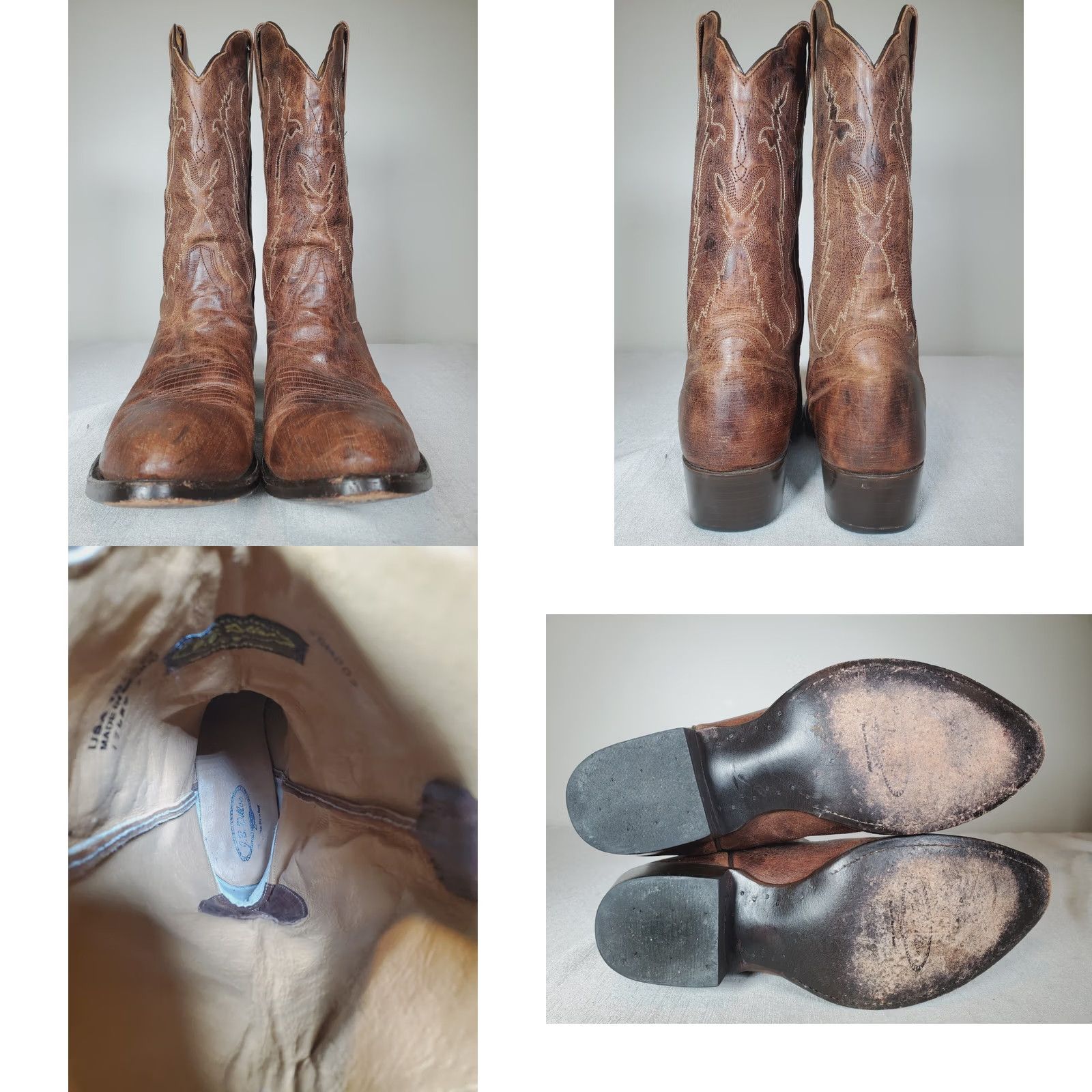 Vintage JB Dillon Western Cowboy Boots Brown Brushed Leather Embroidered Men's US 10.5 D Size US 11 / EU 44 - 8 Thumbnail