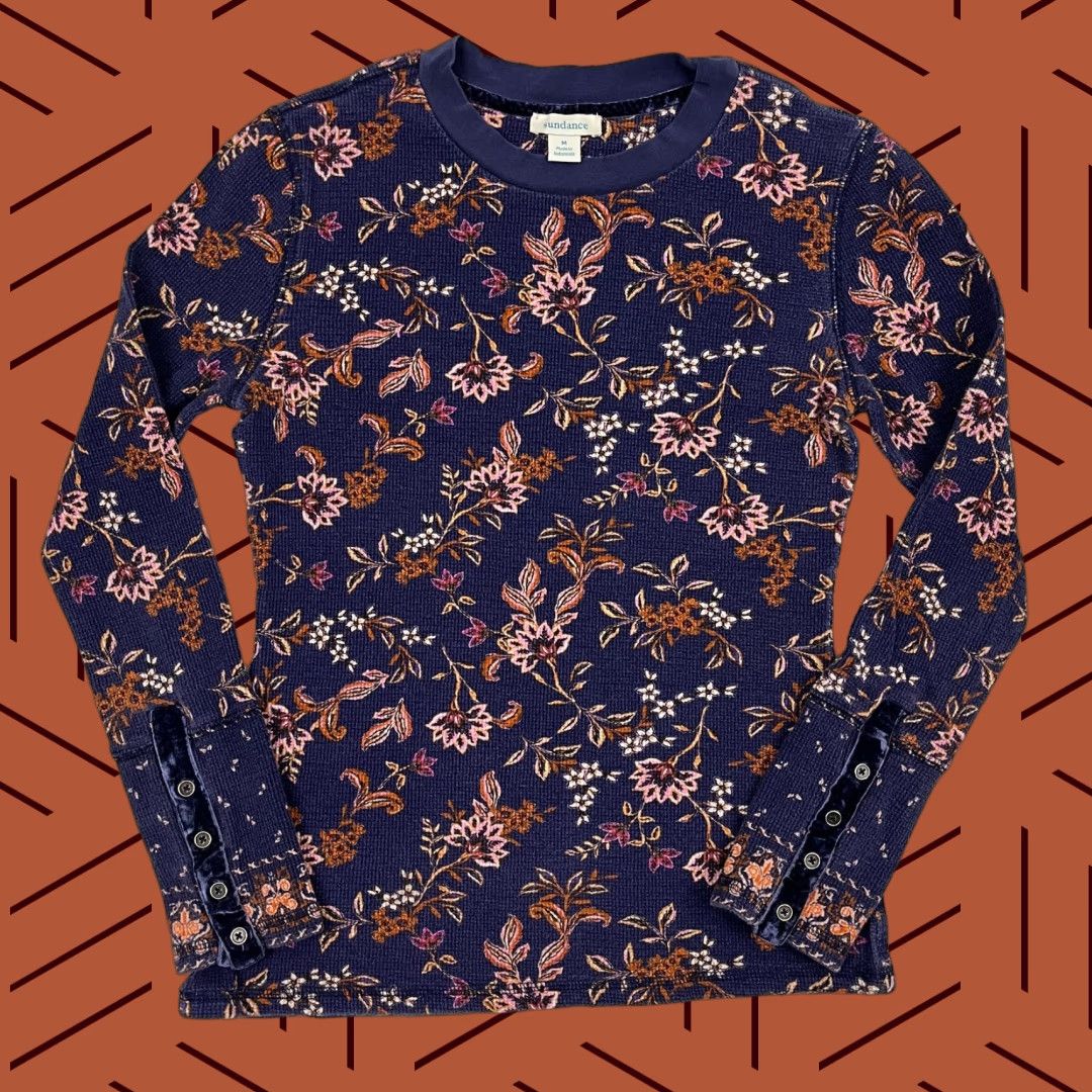 Vintage VINTAGE Sundance Loretta Blouse Womens M Purple Floral Thermal Knit Velvet Cuff Boho Size M / US 6-8 / IT 42-44 - 1 Thumbnail