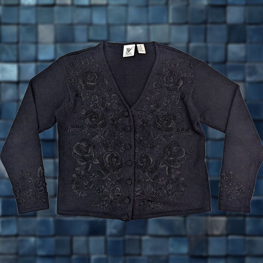 Vintage Maggie Lawrence Cardigan Women M Black Floral Embroidered Bead Accent Cable Knit V-Neck Sweater Shirt/Layering Size M / US 6-8 / IT 42-44 - 1 Thumbnail