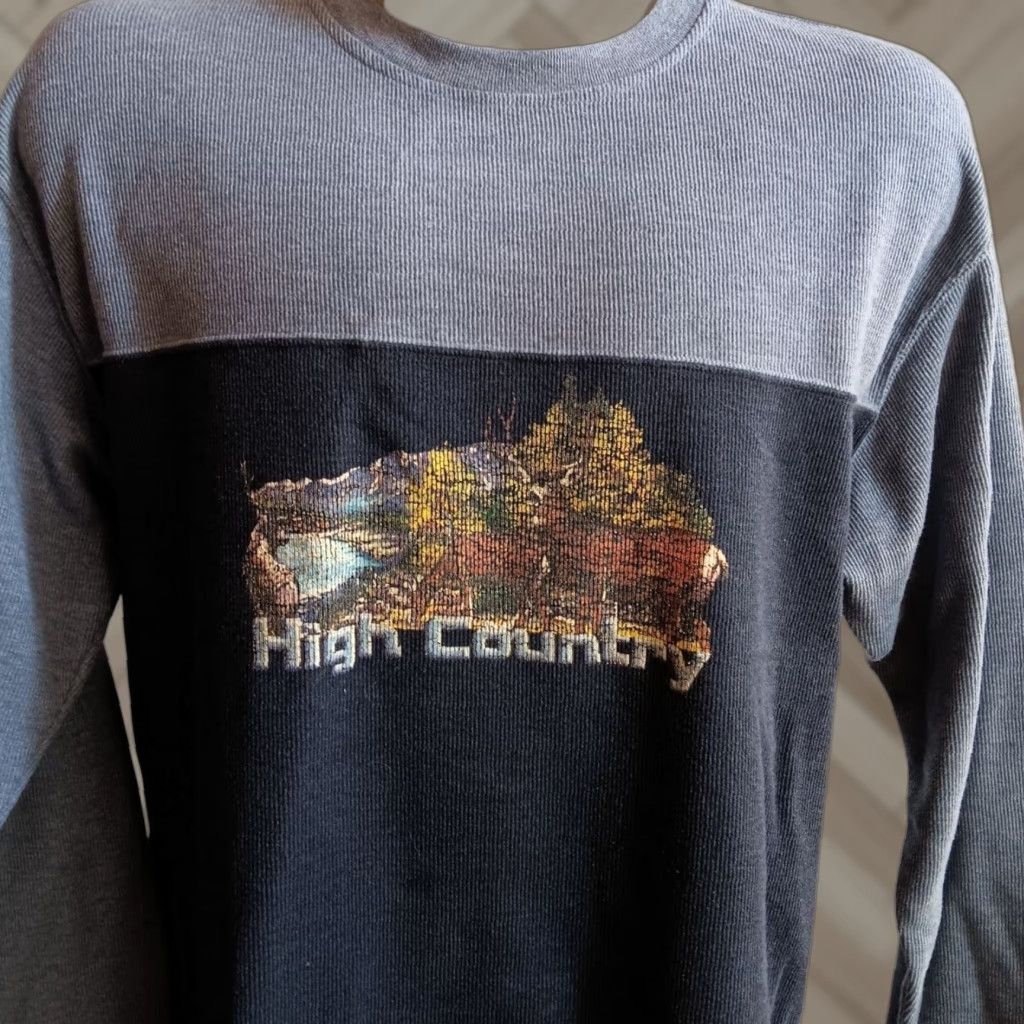Vintage Faded Glory Men's Large Sweat T-shirt Y2K High Country Knit Long  Sleeve Gray Cotton Polyester