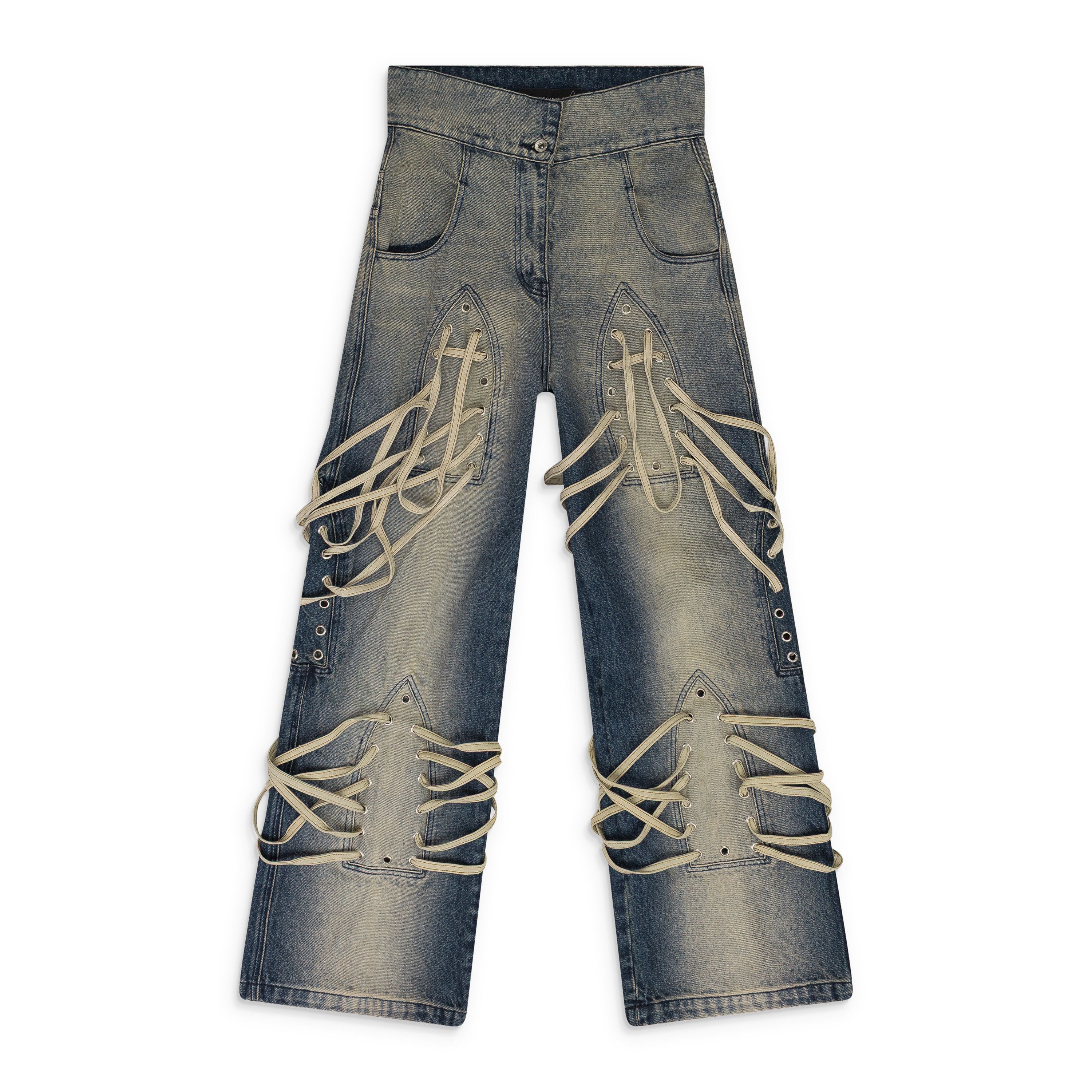 Who Decides War INDIGO LACED STAINED WIDE-LEG JEANS SIZE 24