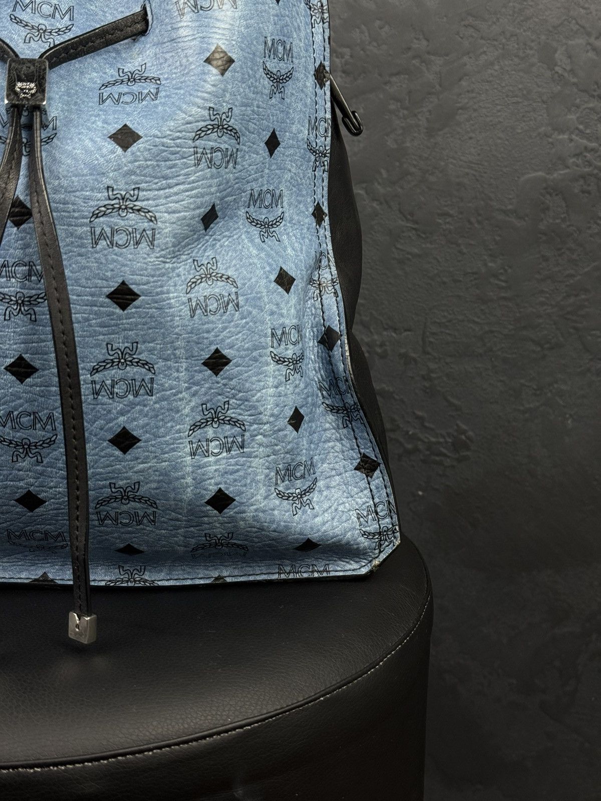 Maison Mollerus MCM Blue Visetos Drawstring Bucket Shoulder Bag Leather Size ONE SIZE - 6 Thumbnail