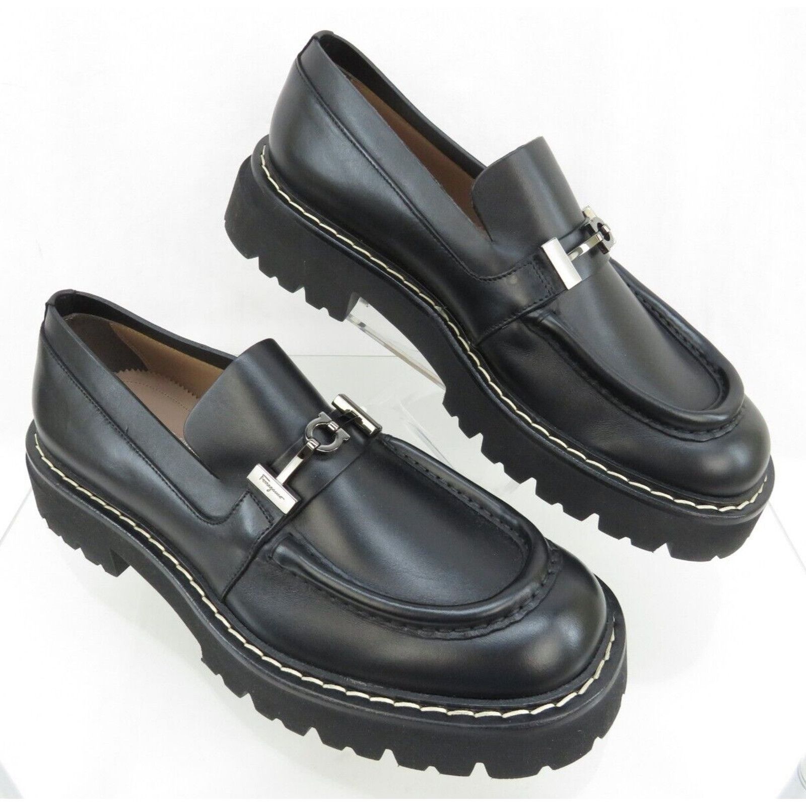 Salvatore Ferragamo FERRAGAMO IGNAZIO BLACK LEATHER GANCINI LUG LOAFERS 11.5 M Size US 11.5 / EU 44-45 - 8 Thumbnail