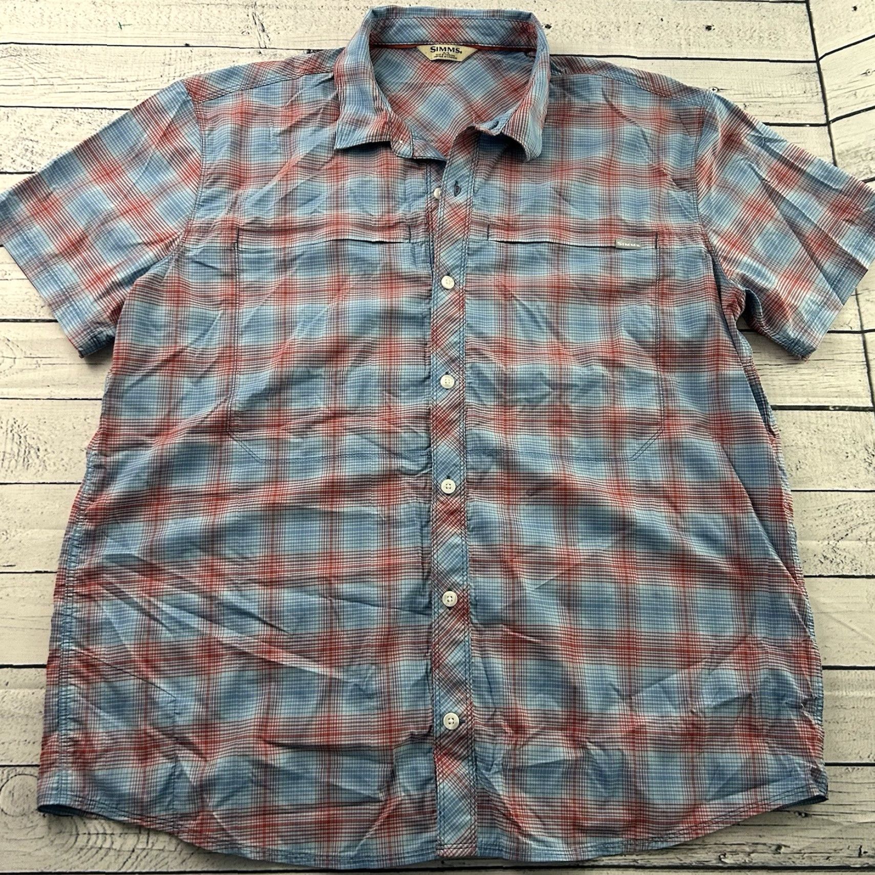 Vintage SIMMS Short Sleeve Plaid Nylon Button-Up Shirt Men's XL Blue Red Size US XL / EU 56 / 4 - 2 Thumbnail