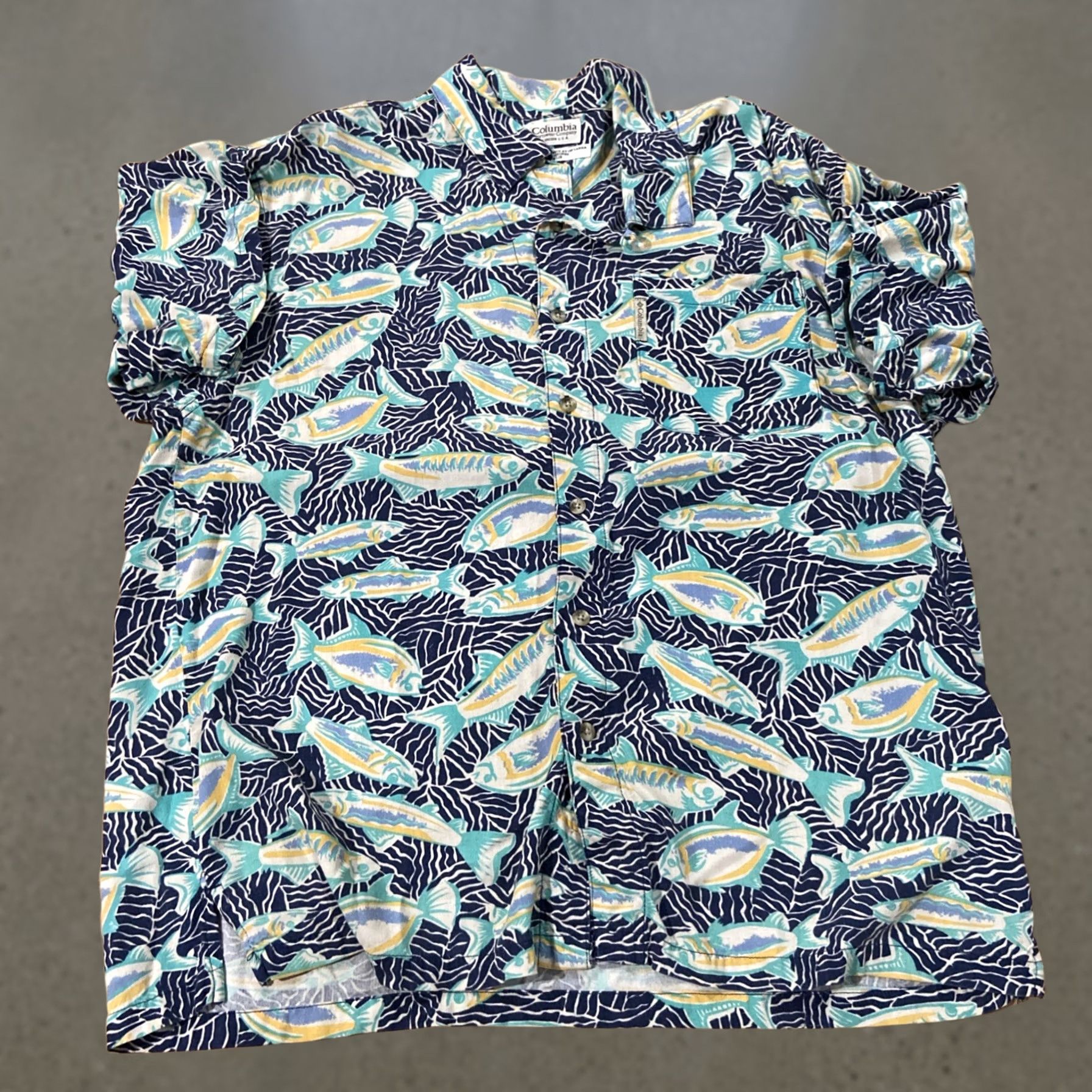 FLAX Columbia Button-Up Shirt Men M Short Sleeve Collared Fish Print Multicolor Flax Rayon Pocket Casual Workwear All Seasons Size US 31 - 1 Thumbnail