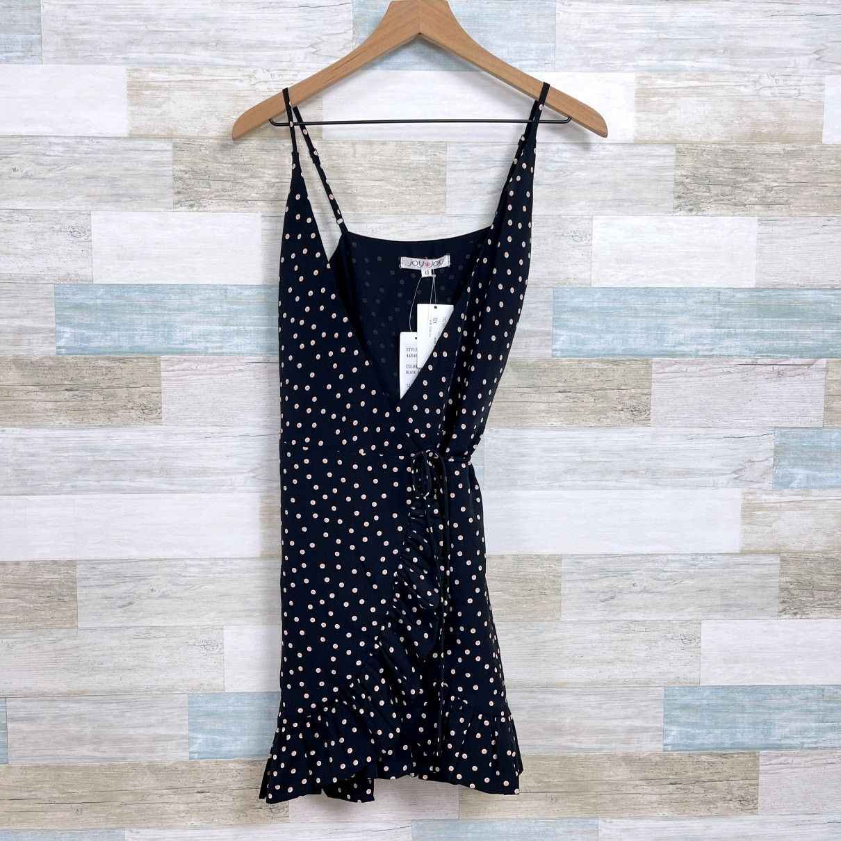Joy Joy Sleeveless Ruffle Tie Dress Black Polka Womens XS