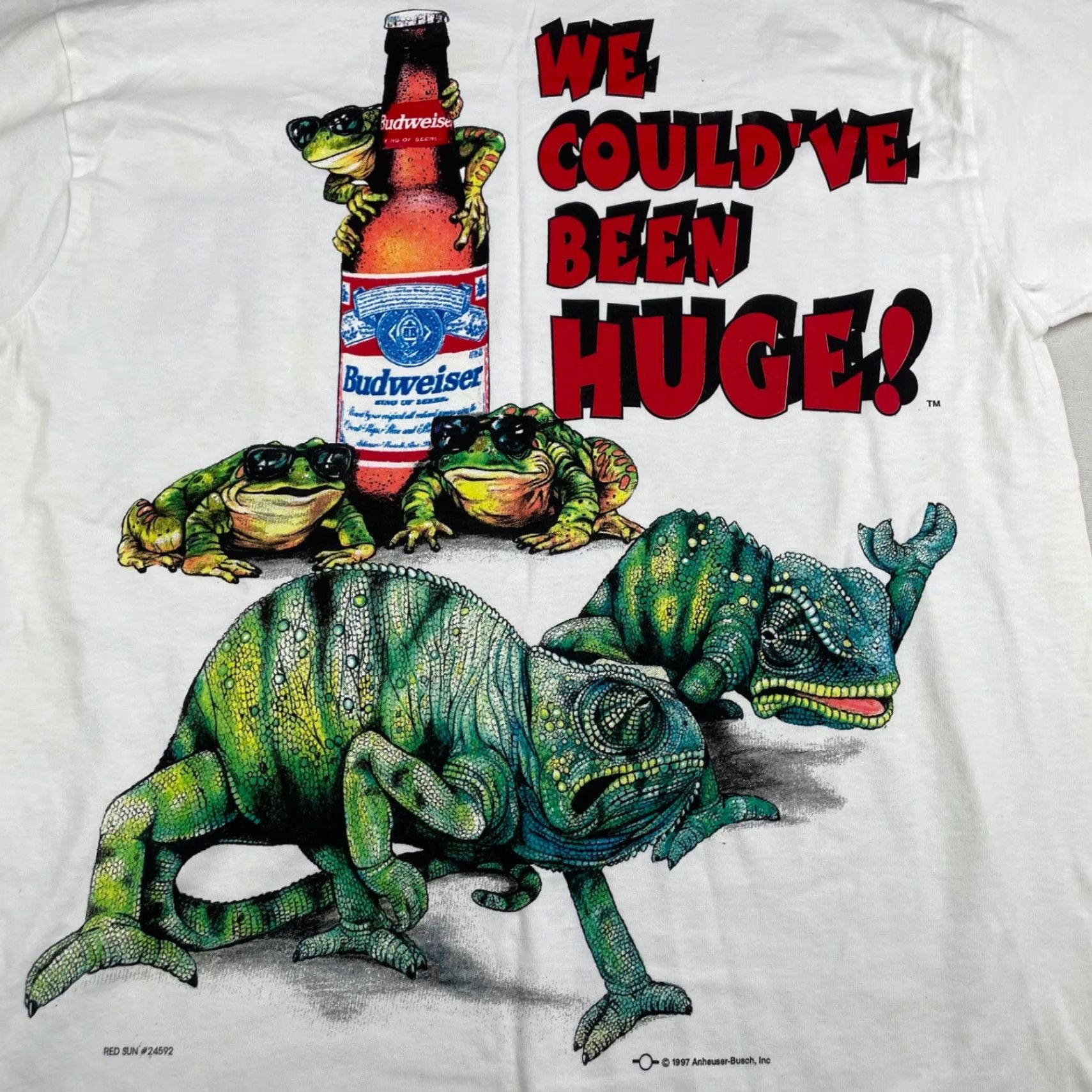 Gildan VINTAGE Budweiser We Could've Been Huge! Frogs Iguana T-Shirt White Medium Mens Graphic Tee 1990s 90s Logo Double-Sided Size US M / EU 48-50 / 2 - 5 Thumbnail