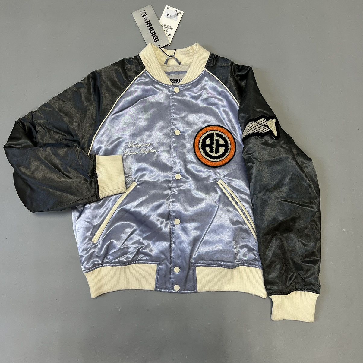 image of Rhude x Zara Satin Bomber Jacket New Size M in Blue/Gray, Men's