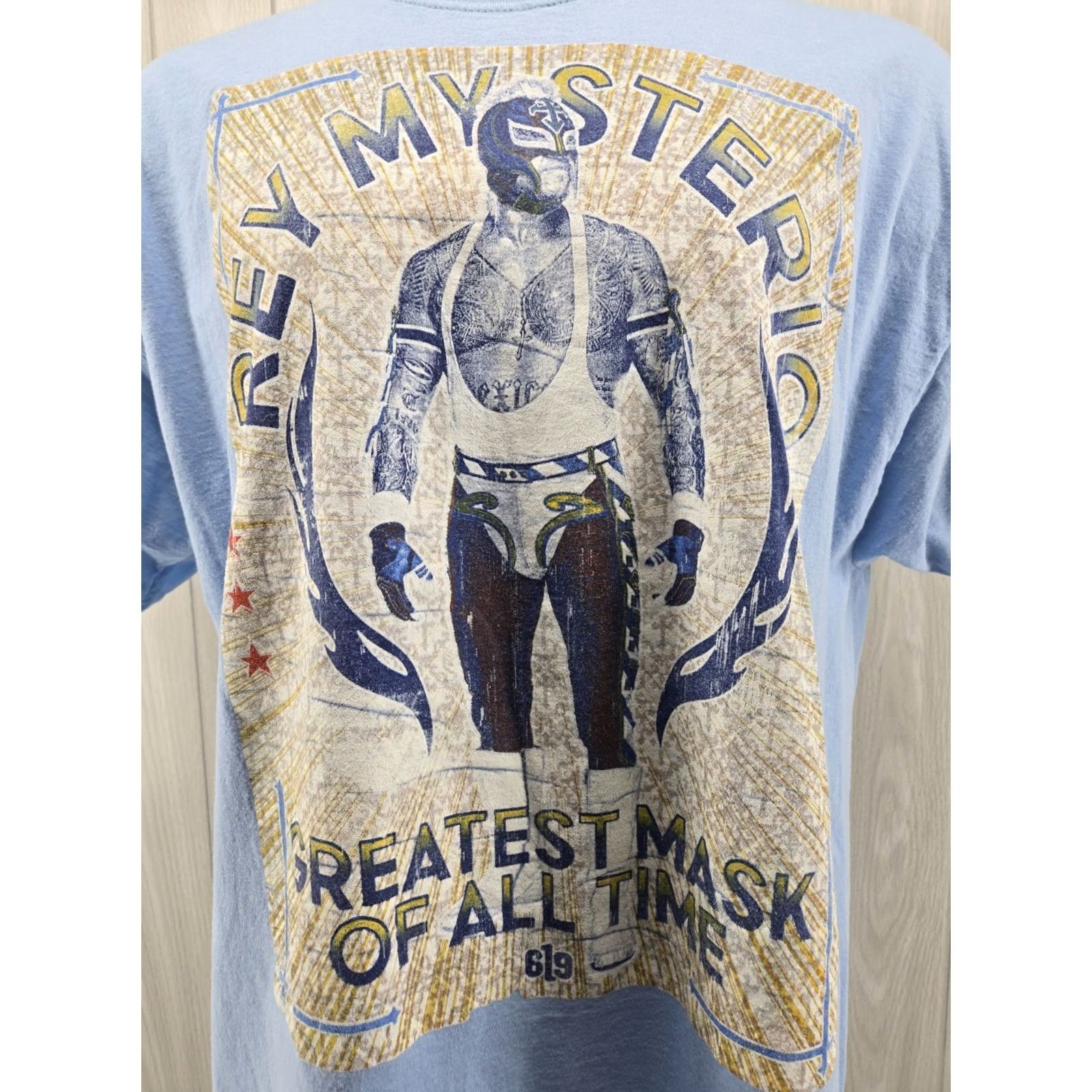 Vintage WWE Mens T-Shirt 2XL REY MYSTERIO 619 Greatest Mask Of All Time Blue Short Sleeve Crew Neck Regular Fit Size US XXL / EU 58 / 5 - 3 Thumbnail