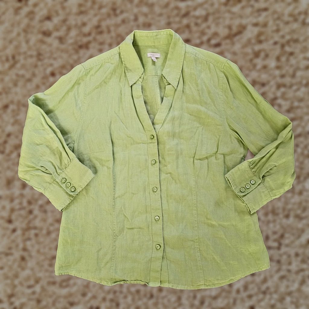 Talbots Talbots Top Womens Medium Green Linen 3/4 Sleeve V-Neck Button Classic Career Shirt Blouse Mens Womens Boys Girls Size M / US 6-8 / IT 42-44 - 1 Thumbnail