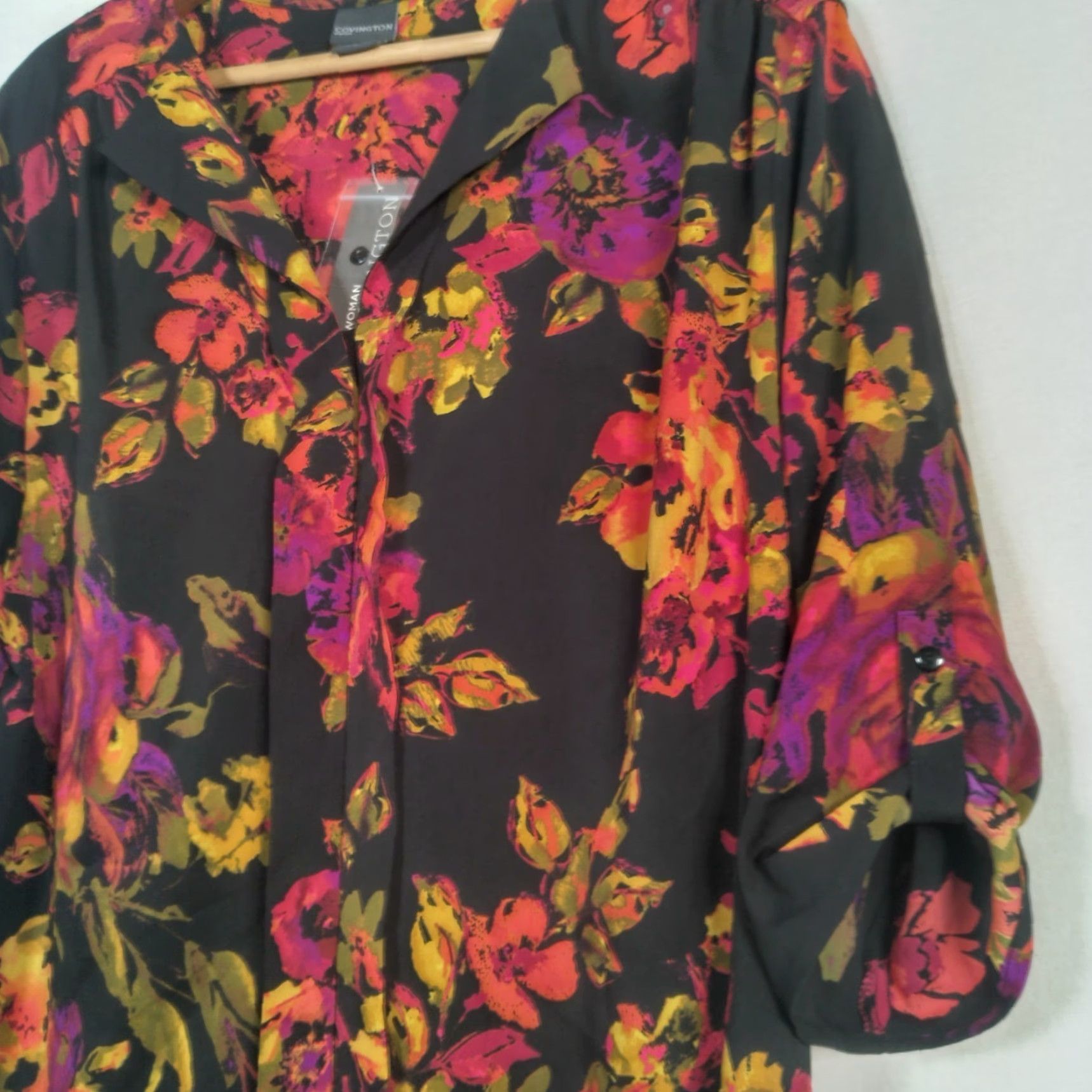 Vintage Covington Blouse Shirt 1X Plus Size Woman Floral 3/4 Roll Tab Sleeve Black Pink Salmon Size XL / US 12-14 / IT 48-50 - 2 Thumbnail