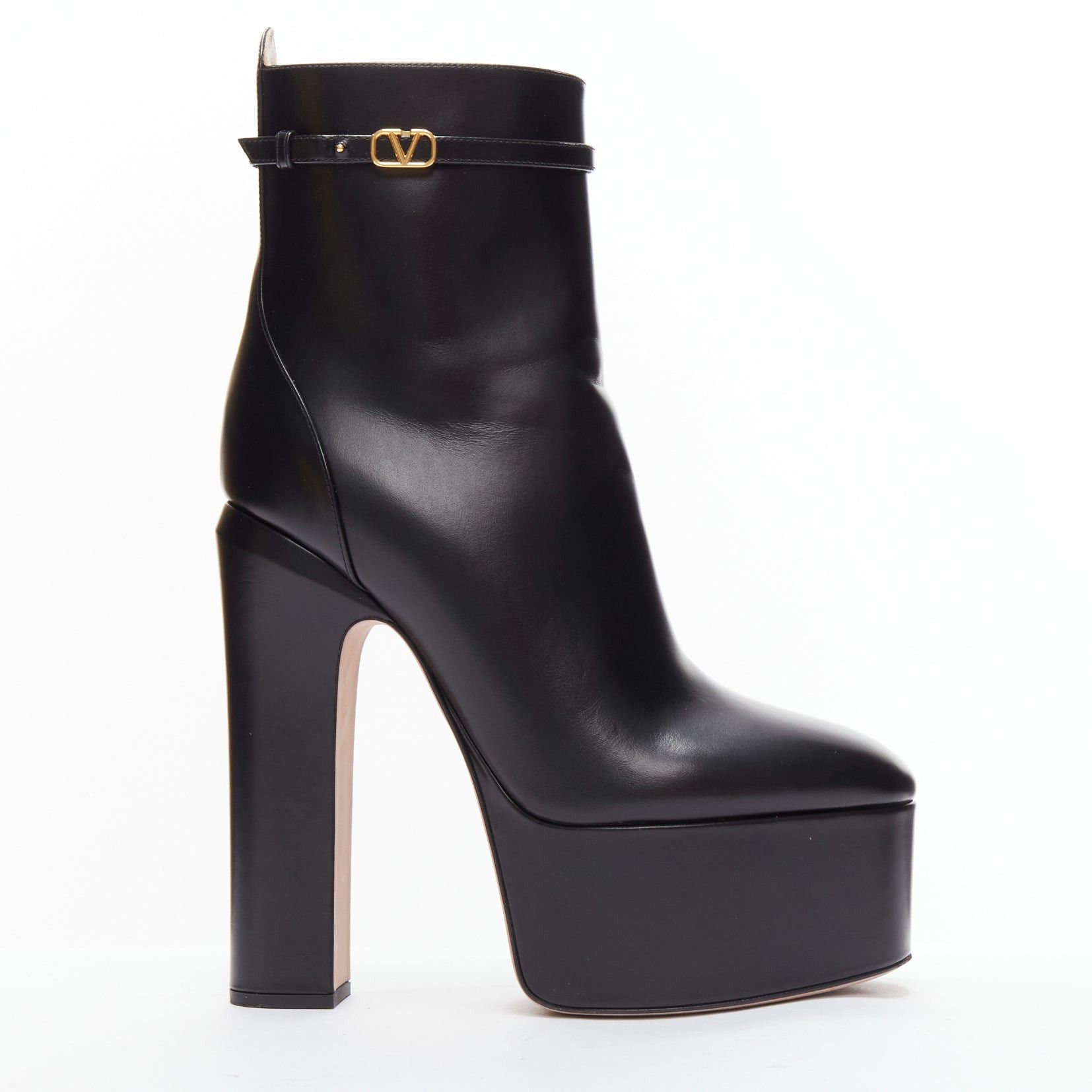 Valentino VALENTINO 2023 Tango 155 black leather Vlogo gold buckle platform boots EU39 Size US 9 / IT 39 - 1 Thumbnail