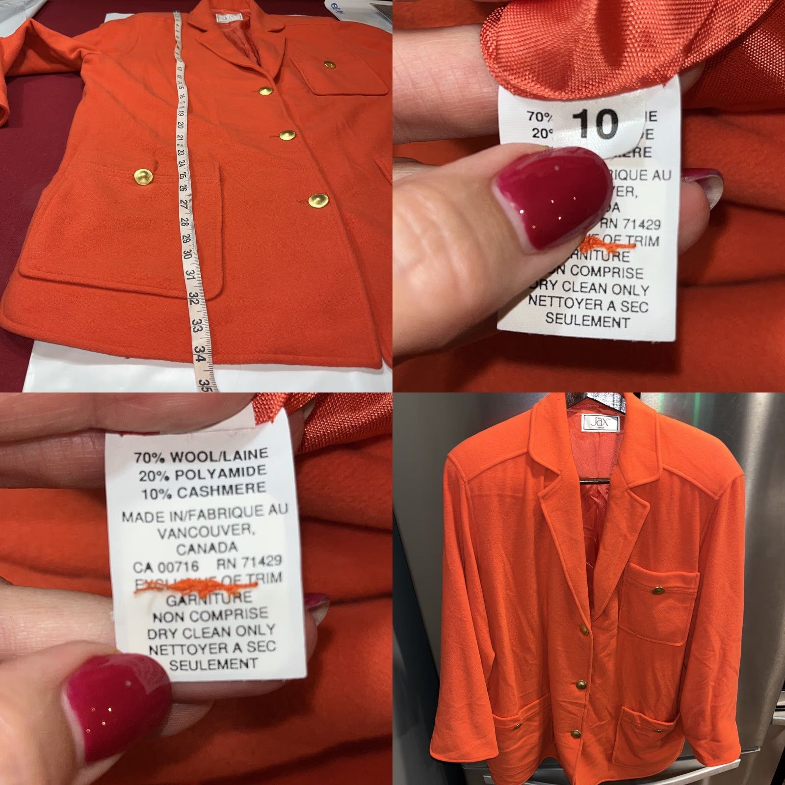 Vintage JAX CANADA Blazer Women Size 10 Orange Wool Blend Cashmere Gold Buttons Pockets Coat Size L / US 10 / IT 46 - 8 Thumbnail