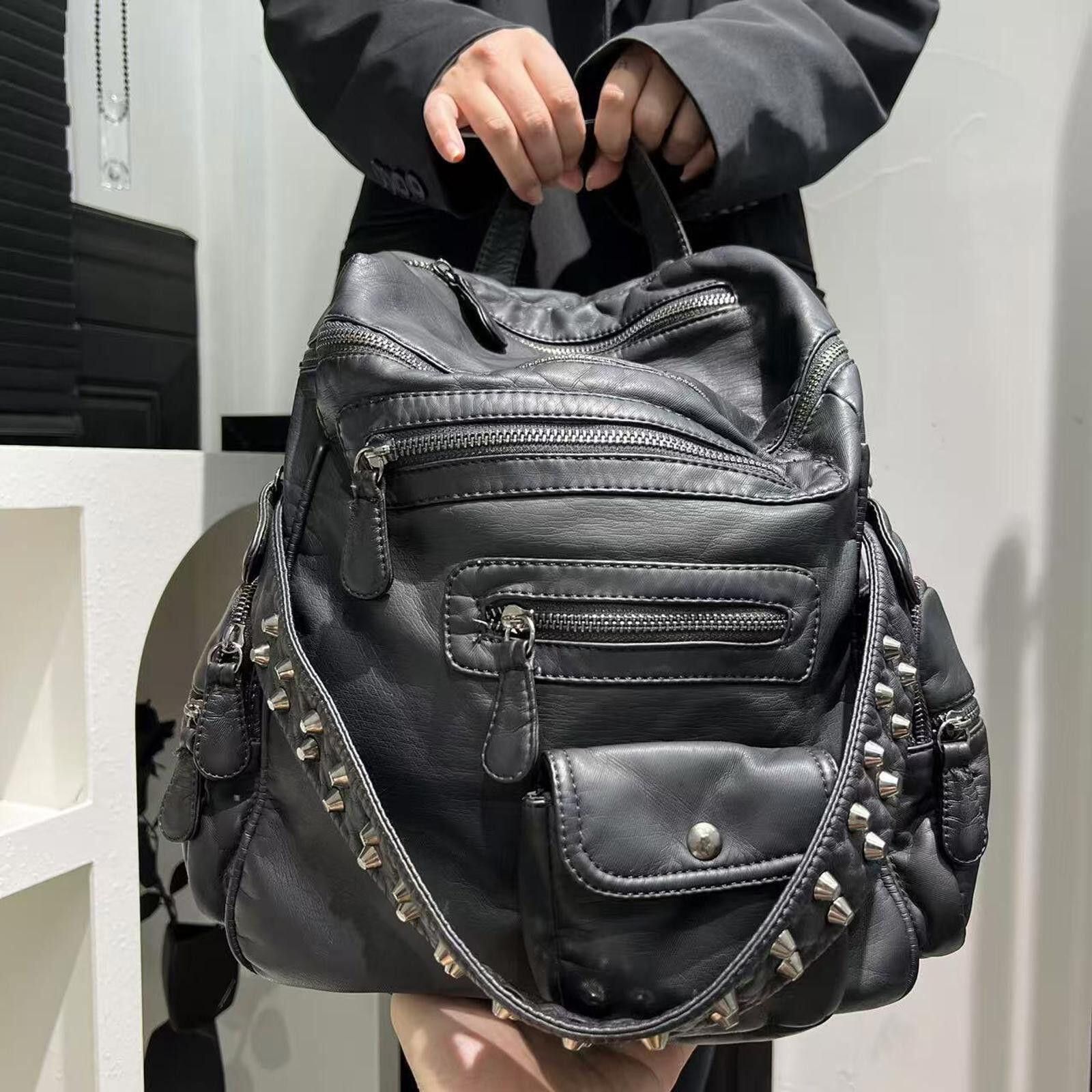 Leather Black Leather Studded Backpack, Multi-Pocket Casual Bag Size ONE SIZE - 4 Thumbnail