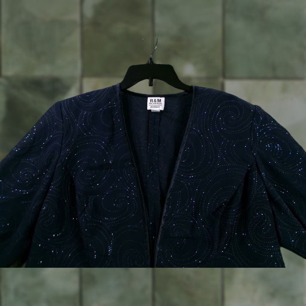 Vintage RM Richards Jacket Womens 20W Navy Sequin Swirl Evening Open Front Brooch Clasp Size 3XL / US 20-22 - 1 Thumbnail