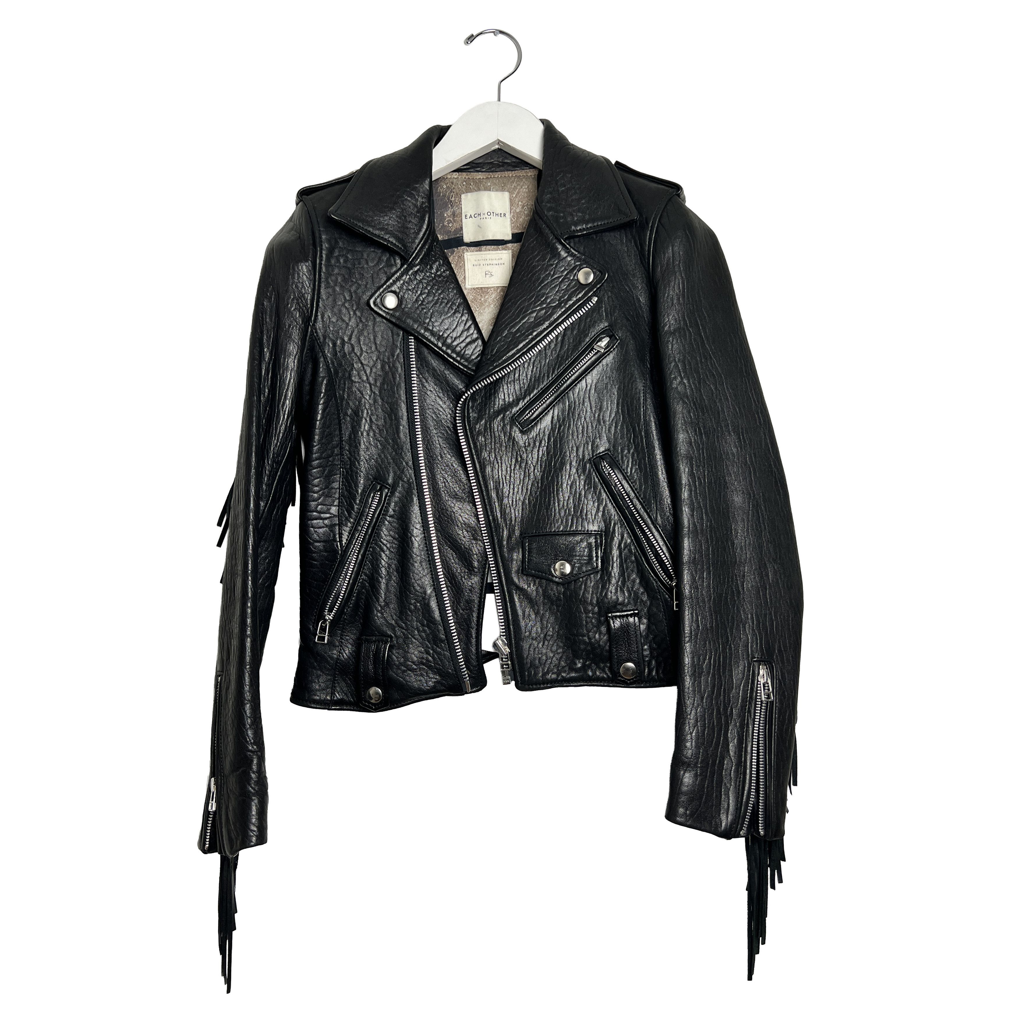 EACH x OTHER Black Pebble Grain Fringe Leather Biker Jacket Size XS / US 0-2 / IT 36-38 - 1 Thumbnail