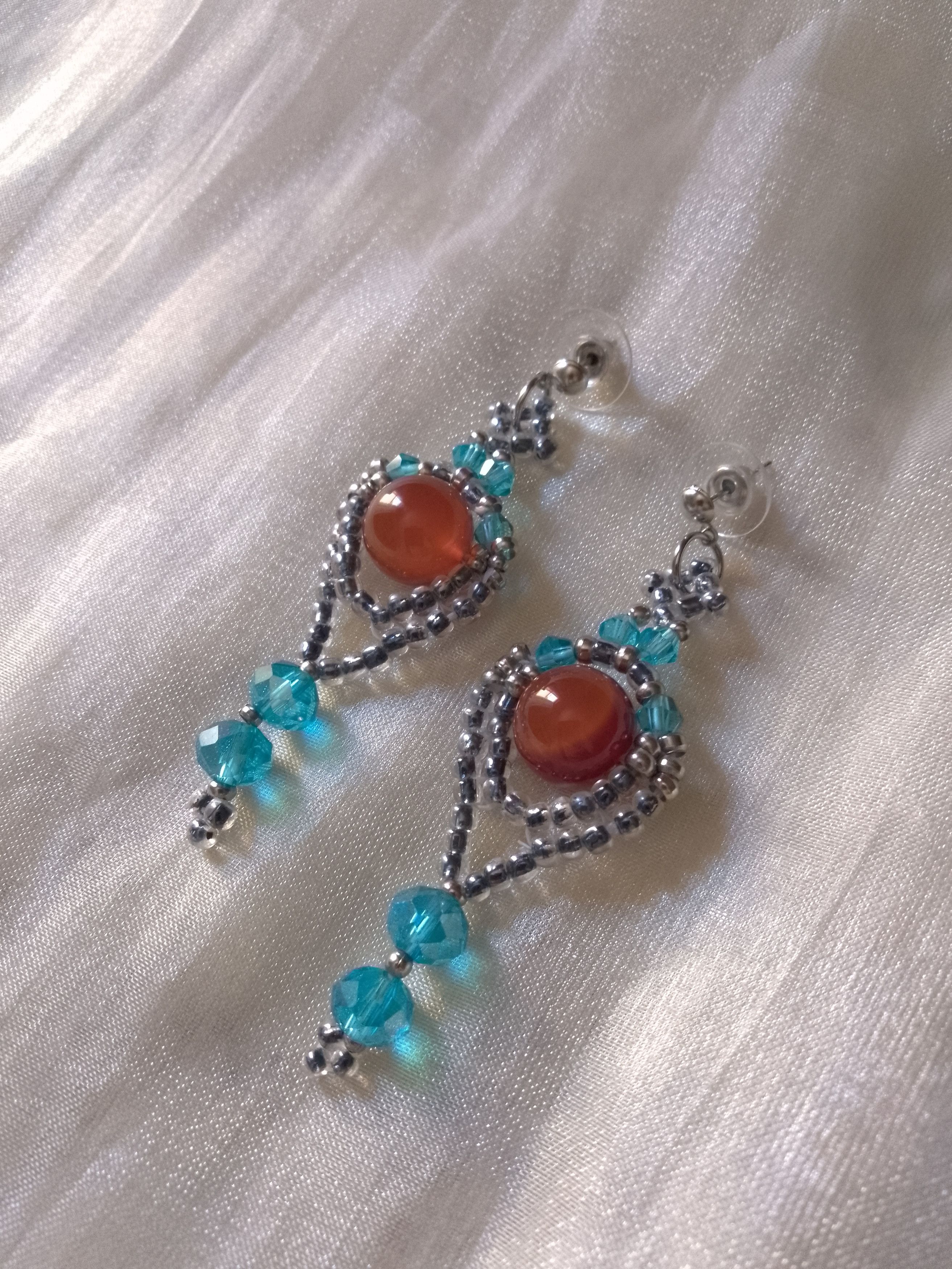 Handmade Dangle earrings with red carnelian gemstones blue crystal Size ONE SIZE - 1 Thumbnail