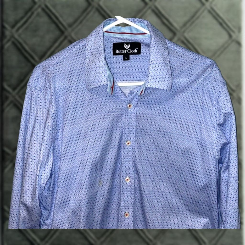 Buttero Butter Cloth Shirt Mens L Blue Button Up Icy Cotton Stretch Performance Geometric 90s Designer Classic Mens Size US L / EU 52-54 / 3 - 1 Thumbnail
