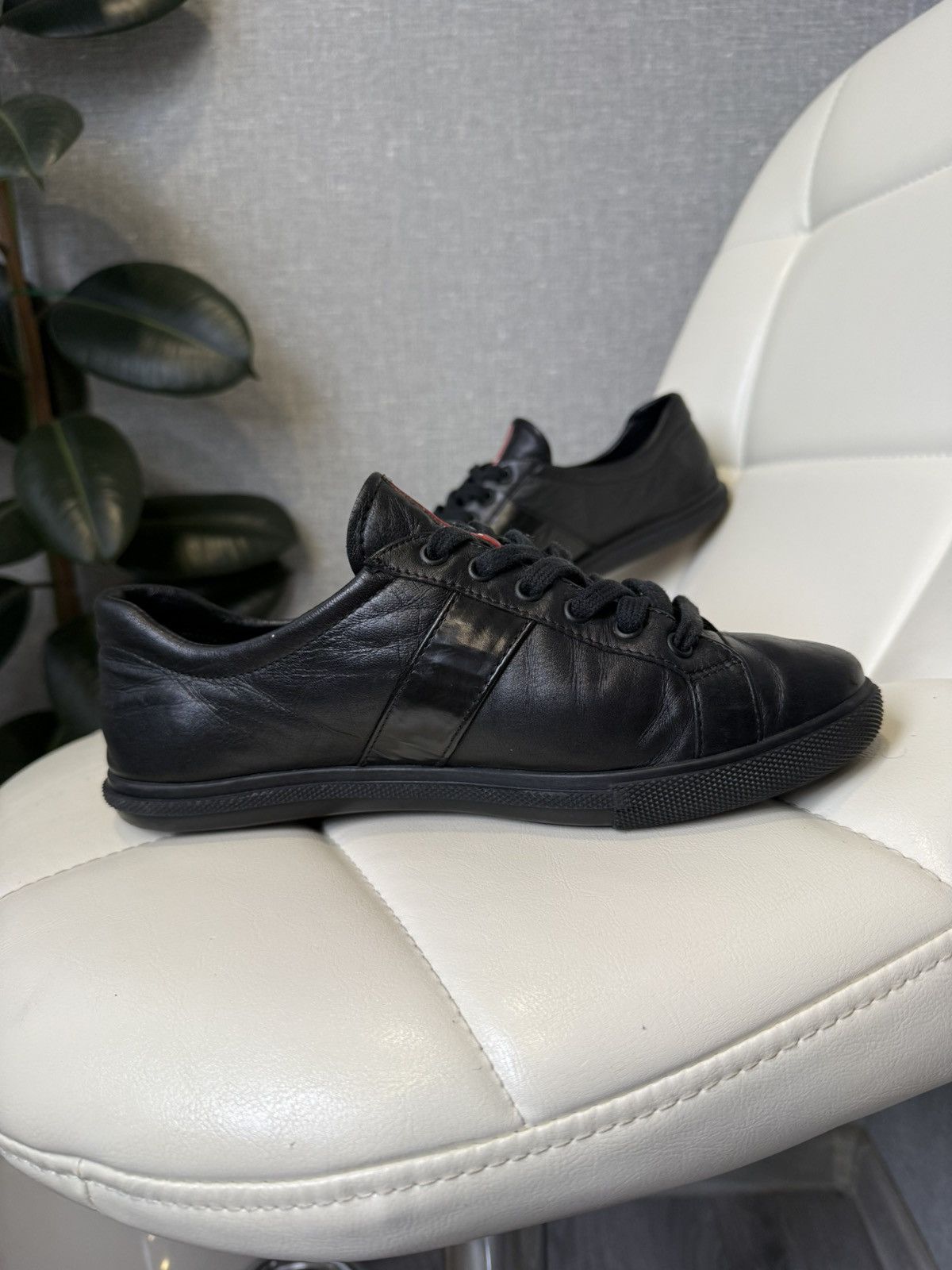 Prada Prada Black Leather Low-Top Sneakers with Red Stripe Logo Size US 7 / IT 37 - 6 Thumbnail