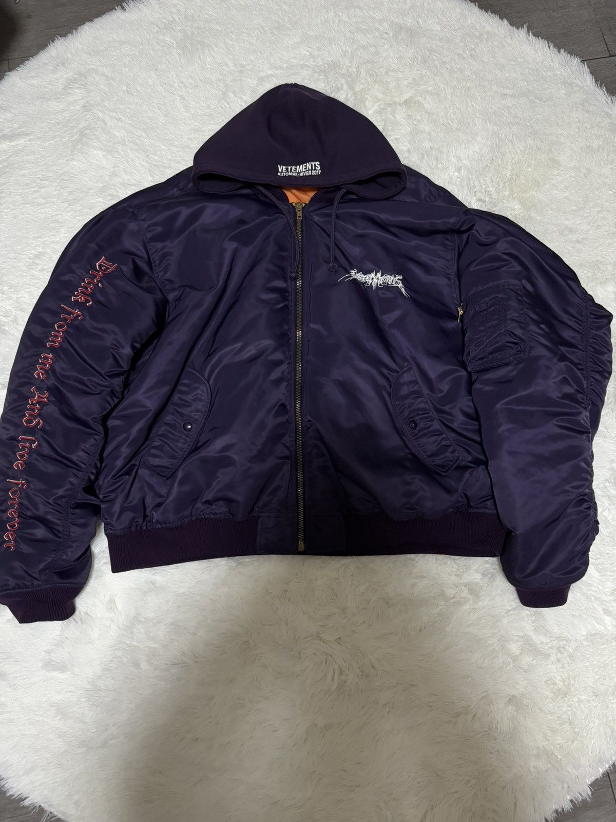 image of Vetements Tfd Total Fucking Darkness Bomber Jacket in Purple, Men's (Size Small)