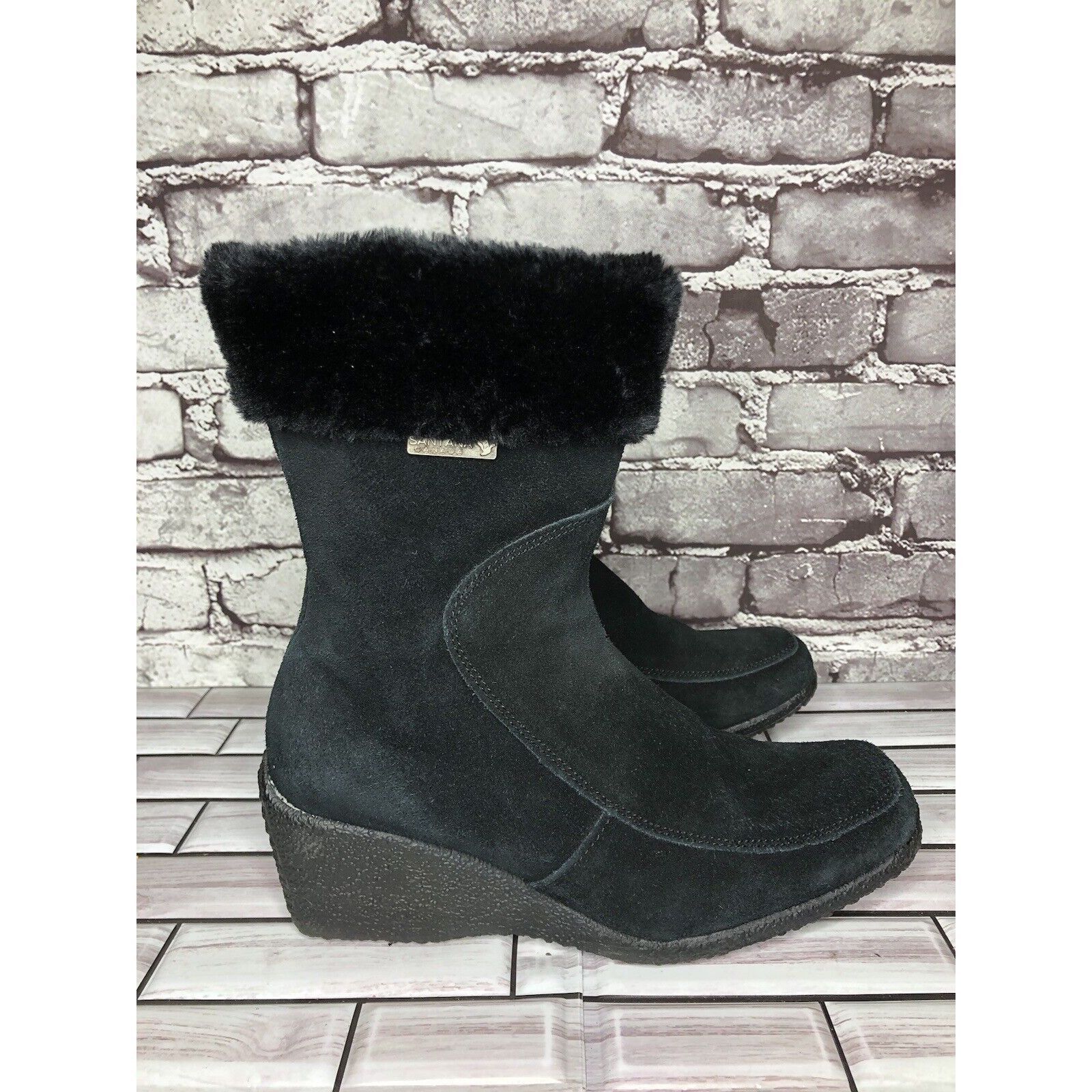 Other Aquatherm by Santana Canada Tati Black Suede Fur Winter Wedg Size US 8 / IT 38 - 14 Thumbnail