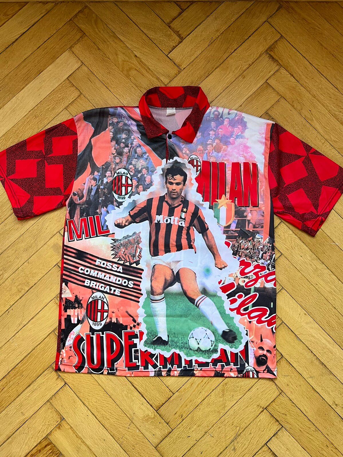 Pre-owned Soccer Jersey X Vintage Blokecore Ac Milan Vtg 1990s All Over Football T Shirt Y2k In Black/red