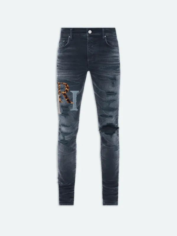 Amiri o1mle0925 Leather Staggered Logo Jeans in Vintage Indigo Size US 38 / EU 54 - 1 Preview